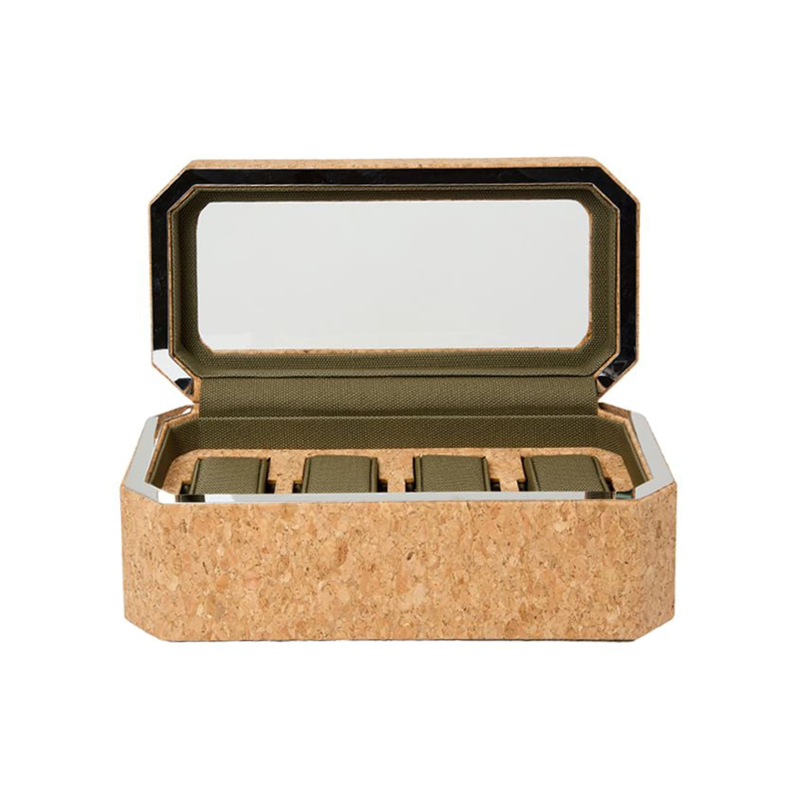 The WOLF Cortica 4 Piece Watch Box features a rectangular cork design with a hinged lid, interior mirror, and four padded storage compartments.
