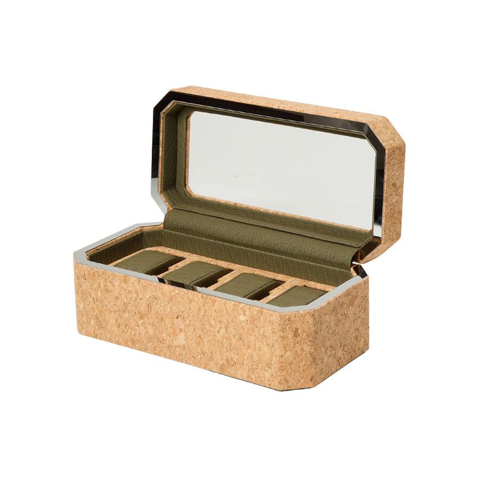 The WOLF Cortica 4 Piece Watch Box features a cork exterior, olive green interior with multiple slots, and an open lid with mirror.