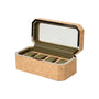 The WOLF Cortica 4 Piece Watch Box features a cork exterior, olive green interior with multiple slots, and an open lid with mirror.