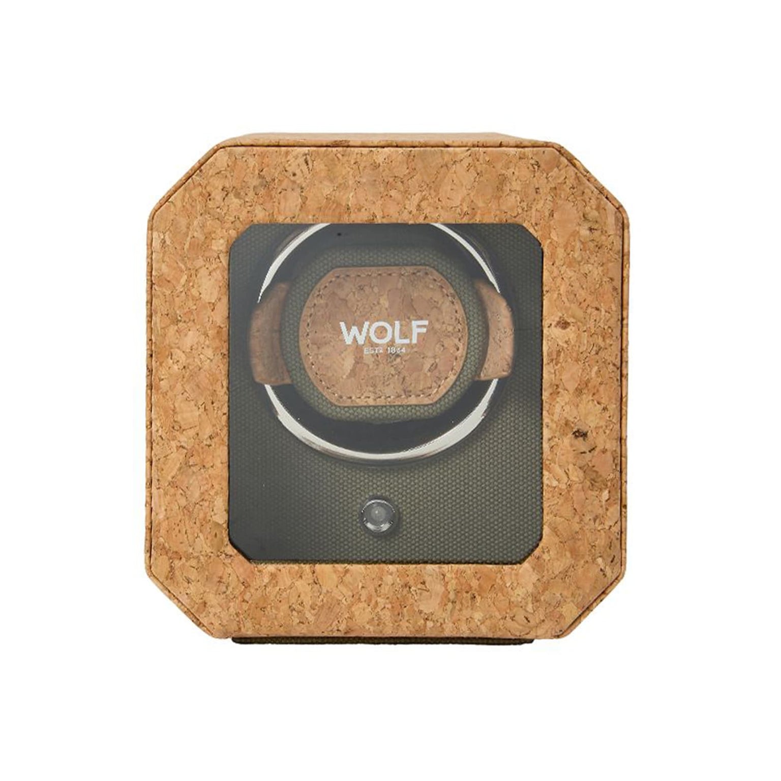 The WOLF Cortica Single Watch Winder features a square cork design with a glass front, showcasing one watch inside and displaying the WOLF logo.