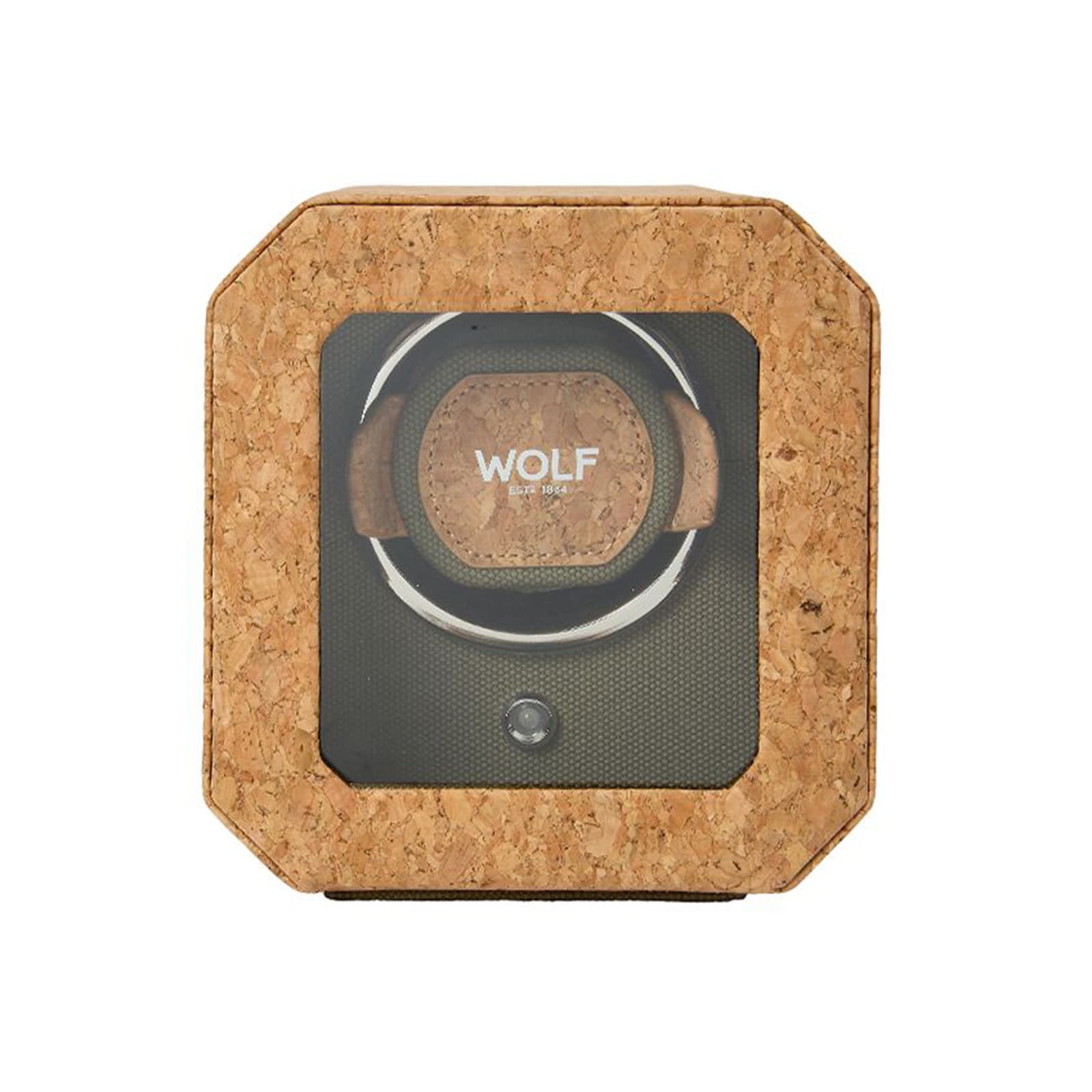 The WOLF Cortica Single Watch Winder features a square cork design with a glass front, showcasing one watch inside and displaying the WOLF logo.