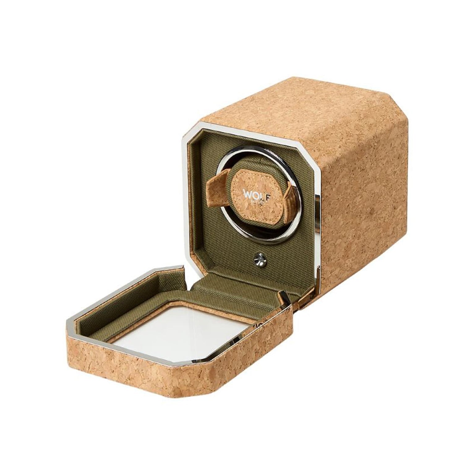 The WOLF Cortica Single Watch Winder features cork and green fabric, an open lid revealing a watch holder, and an interior mirror.