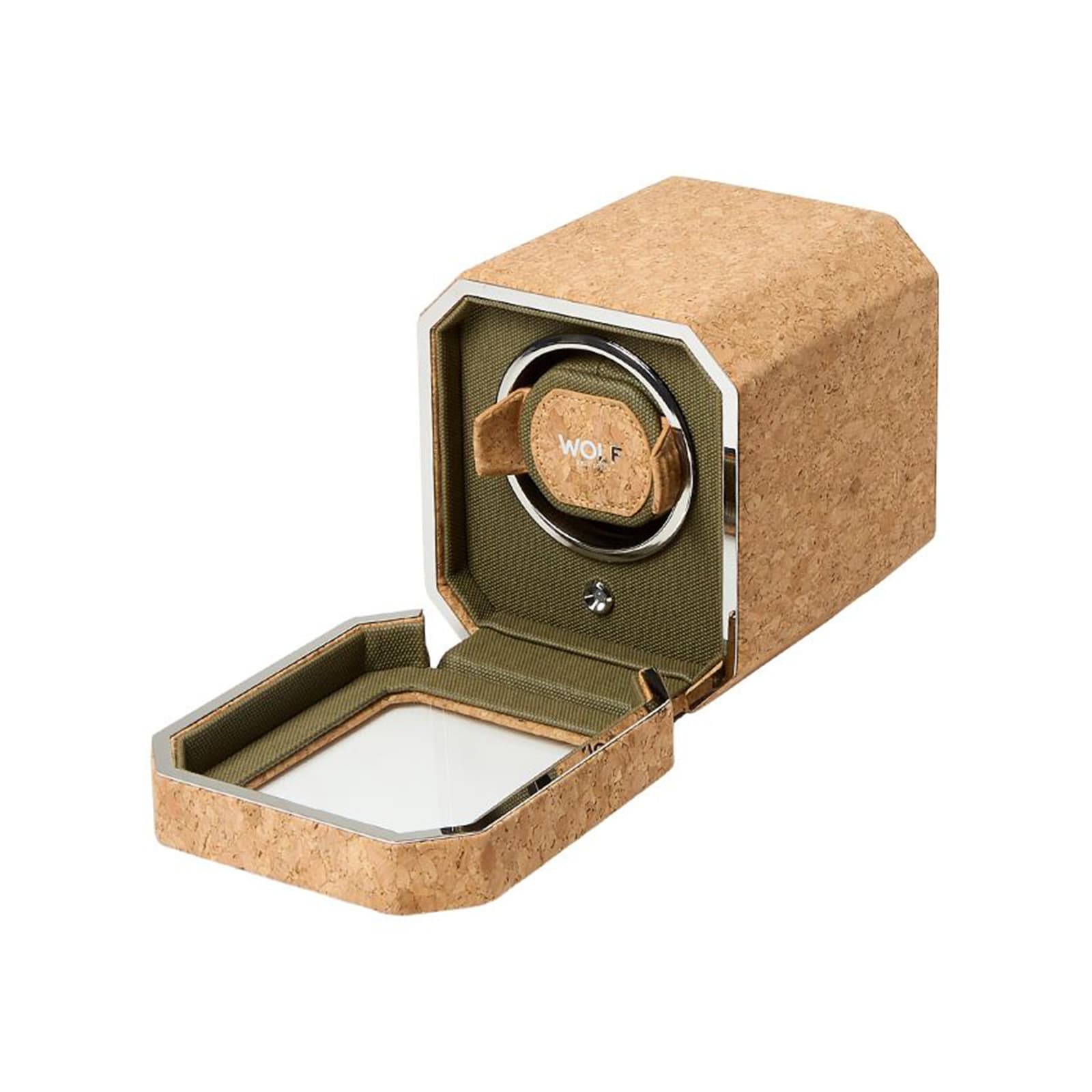 The WOLF Cortica Single Watch Winder features cork and green fabric, an open lid revealing a watch holder, and an interior mirror.