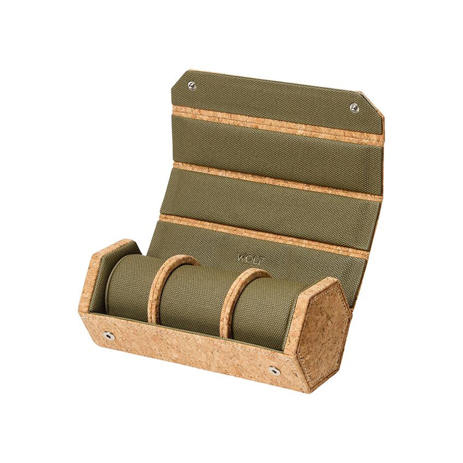 The WOLF Cortica Triple Hexagon Watch Roll With Capsule is open, revealing compartments designed to hold multiple watches.