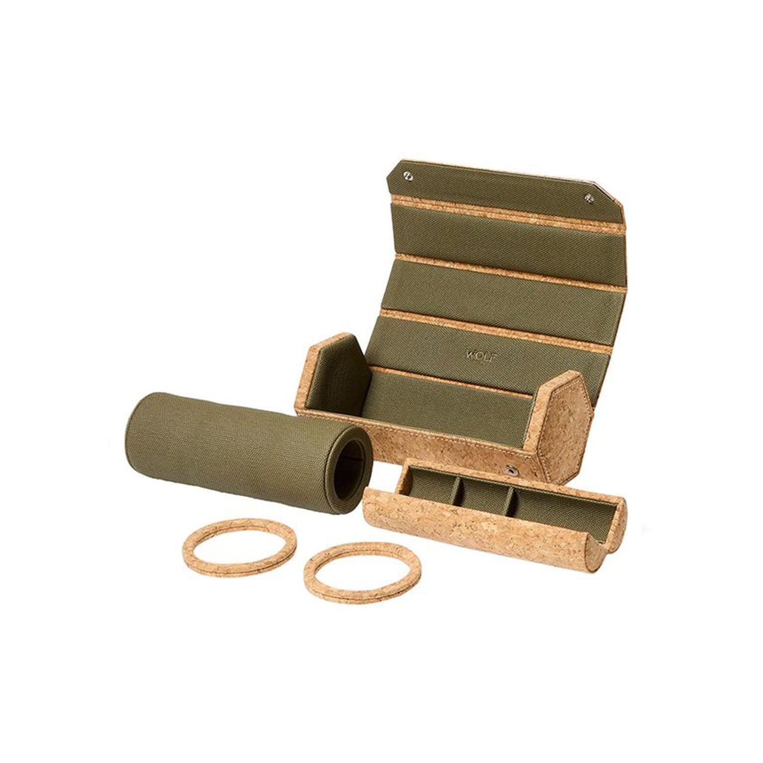 The WOLF Cortica Triple Hexagon Watch Roll With Capsule in olive green and cork features compartments, two round bangles, and a roll, displayed on a white background.
