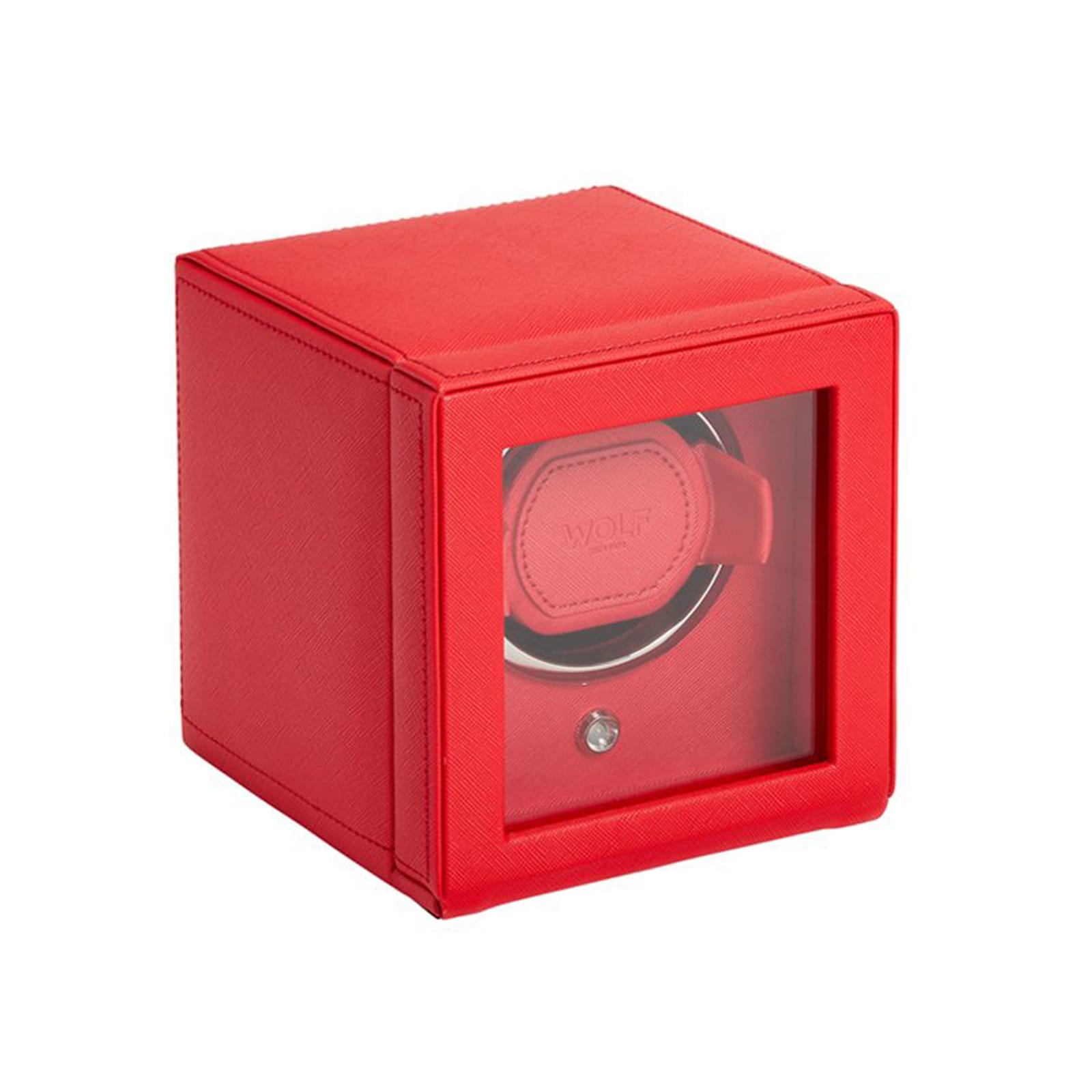 The WOLF Cub Single Watch Winder with Cover features a red cube-shaped design and a glass front displaying one watch inside.