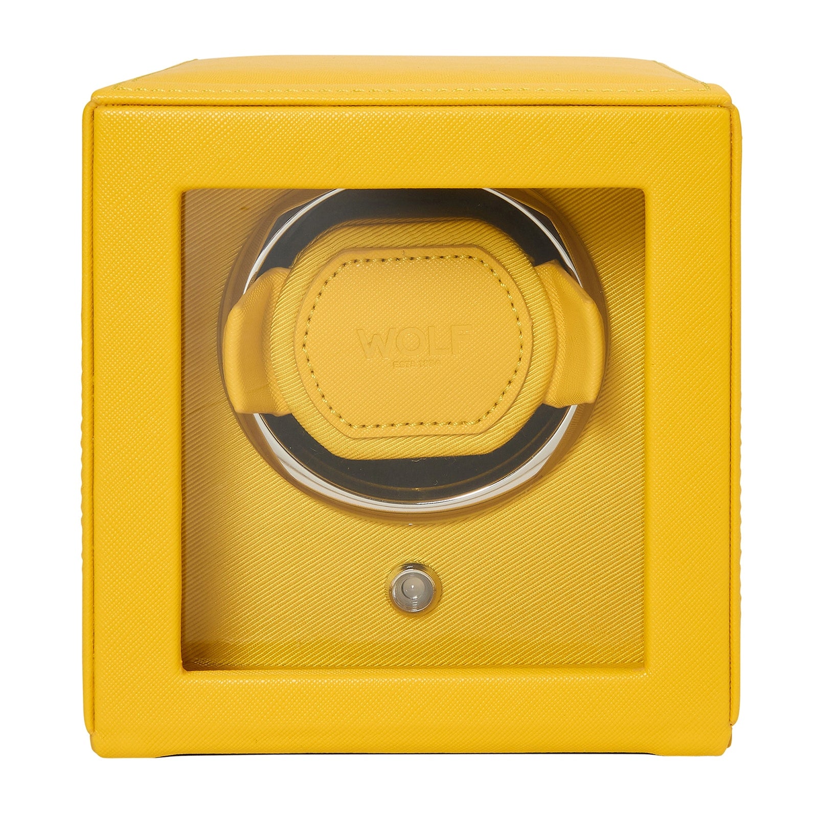 The WOLF Cub Single Watch Winder with Cover is yellow, has a glass front, and holds one watch inside.