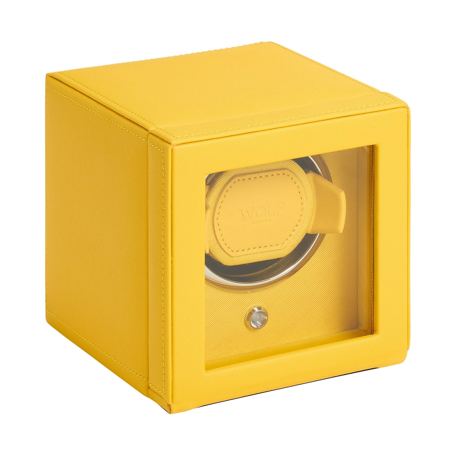 The WOLF Cub Single Watch Winder with Cover is a yellow box featuring a glass front and a circular watch holder inside.