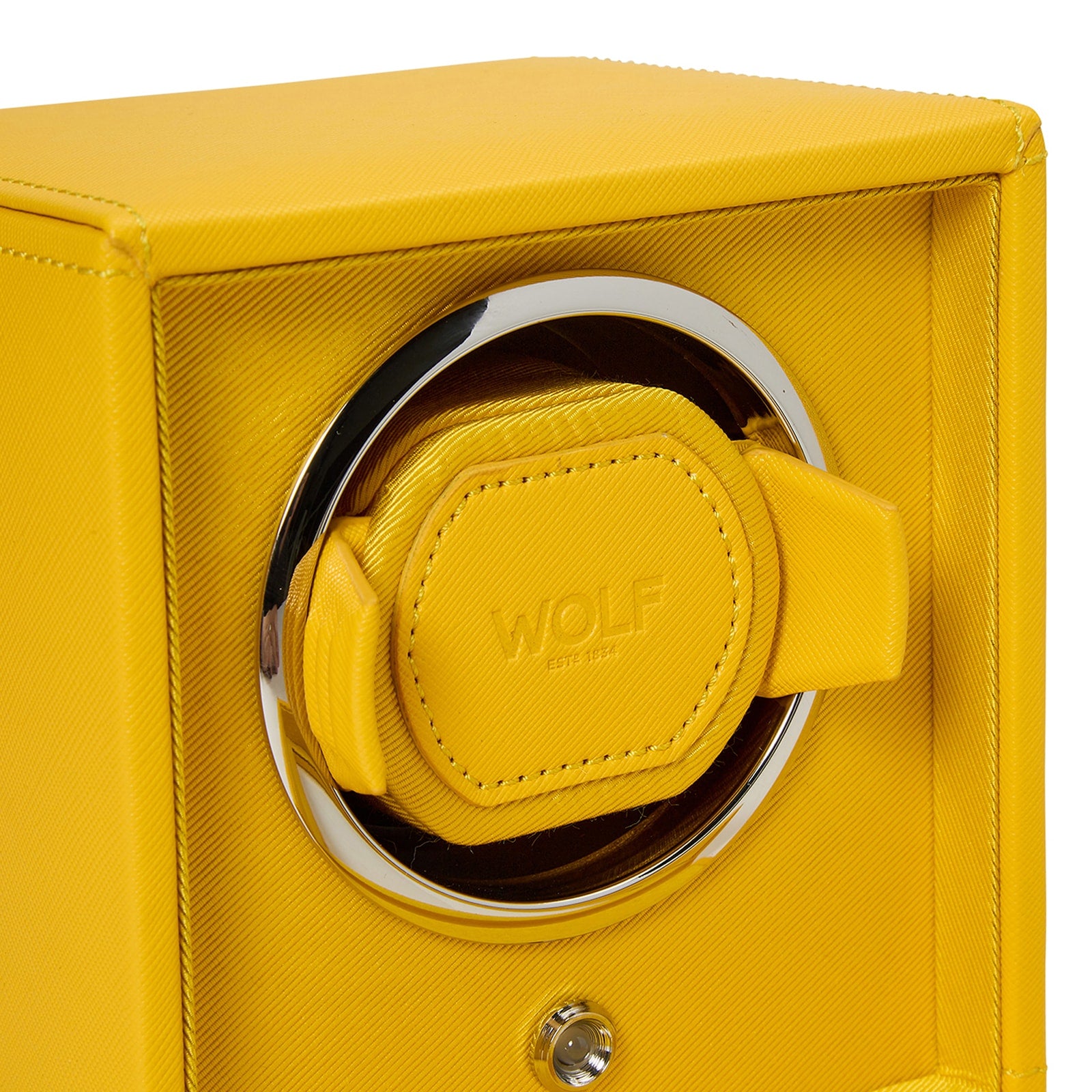 The WOLF Cub Single Watch Winder with Cover features a yellow finish, a round metal frame, and a coordinating yellow watch holder inside.