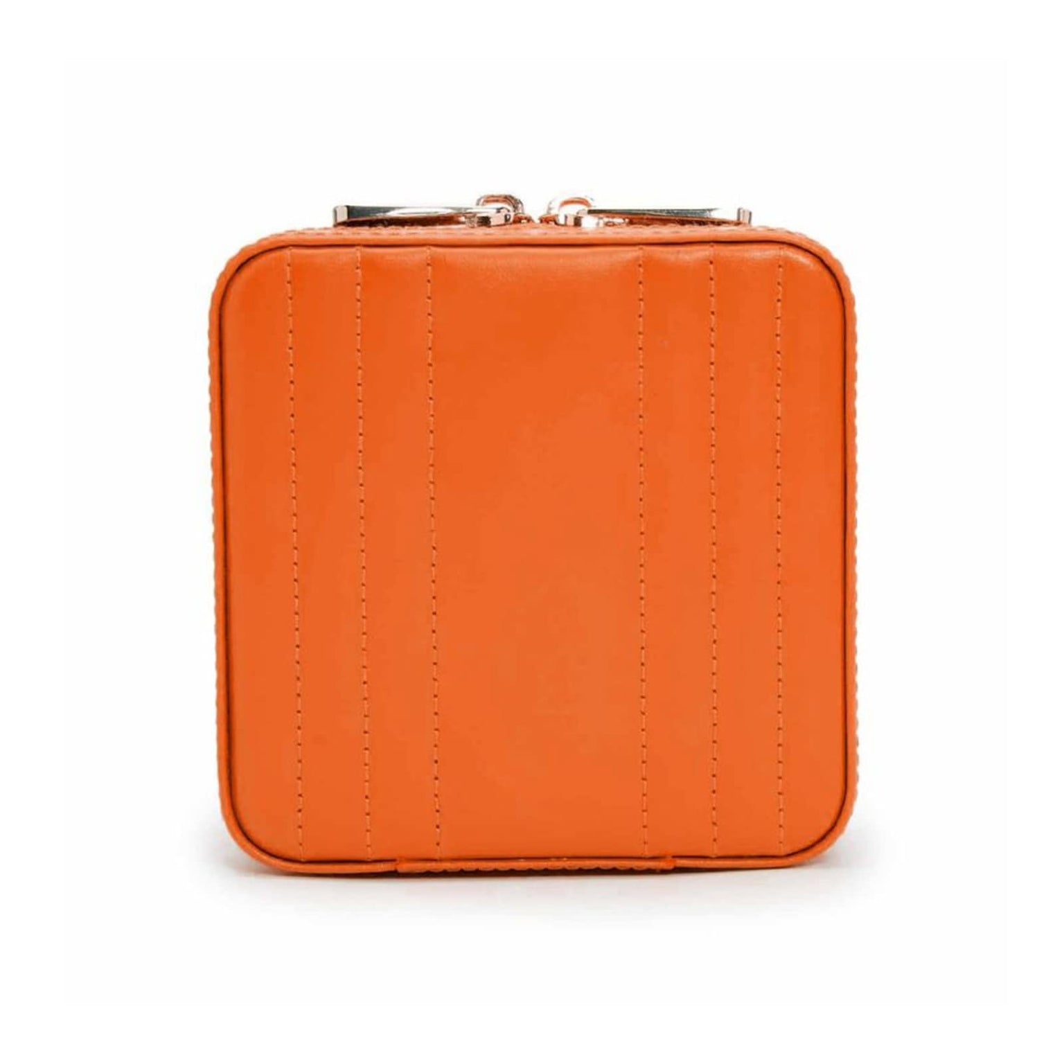 The WOLF Maria Small Zip Case is a square orange leather wallet featuring vertical stitched lines and a top zipper closure.