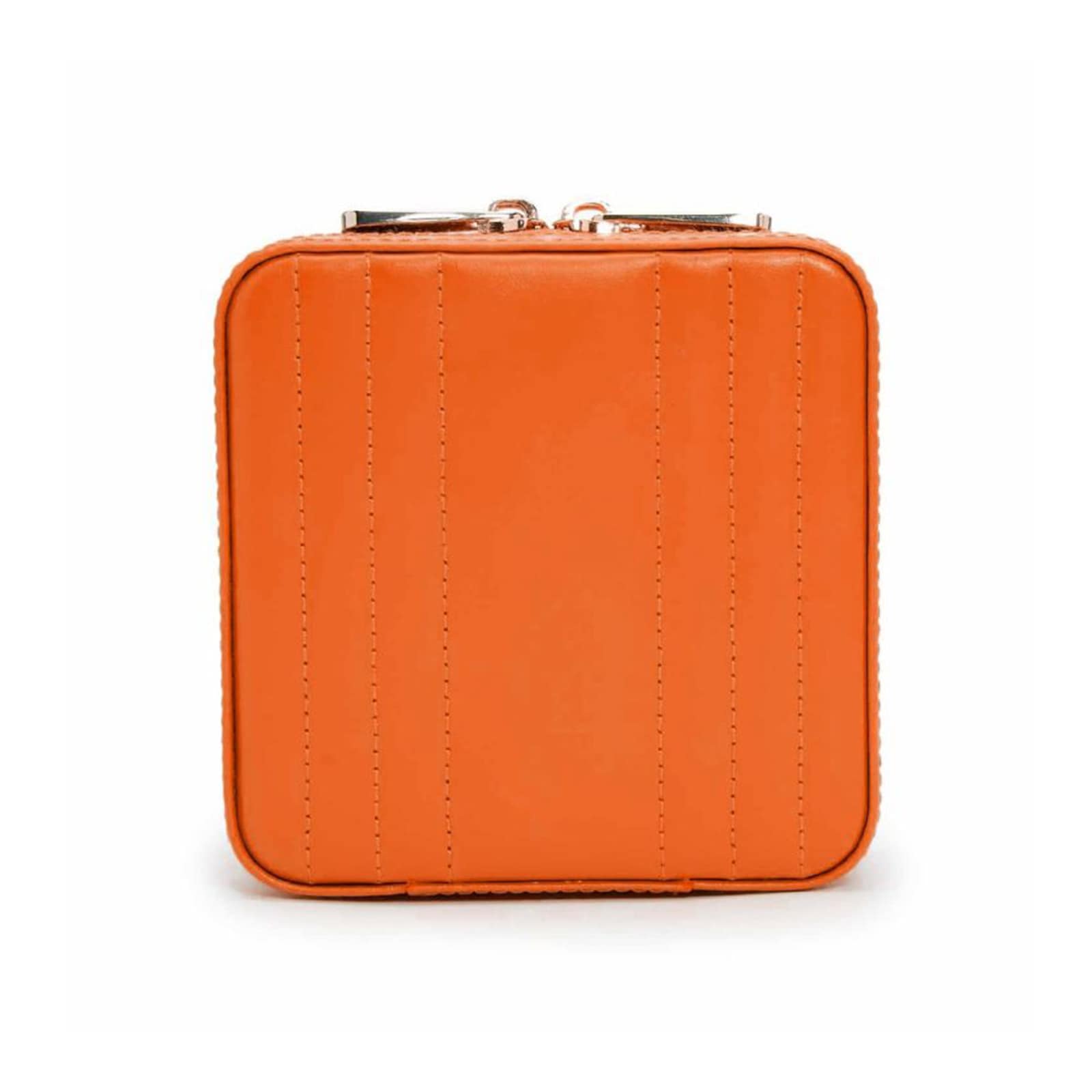 The WOLF Maria Small Zip Case is a square orange leather wallet featuring vertical stitched lines and a top zipper closure.