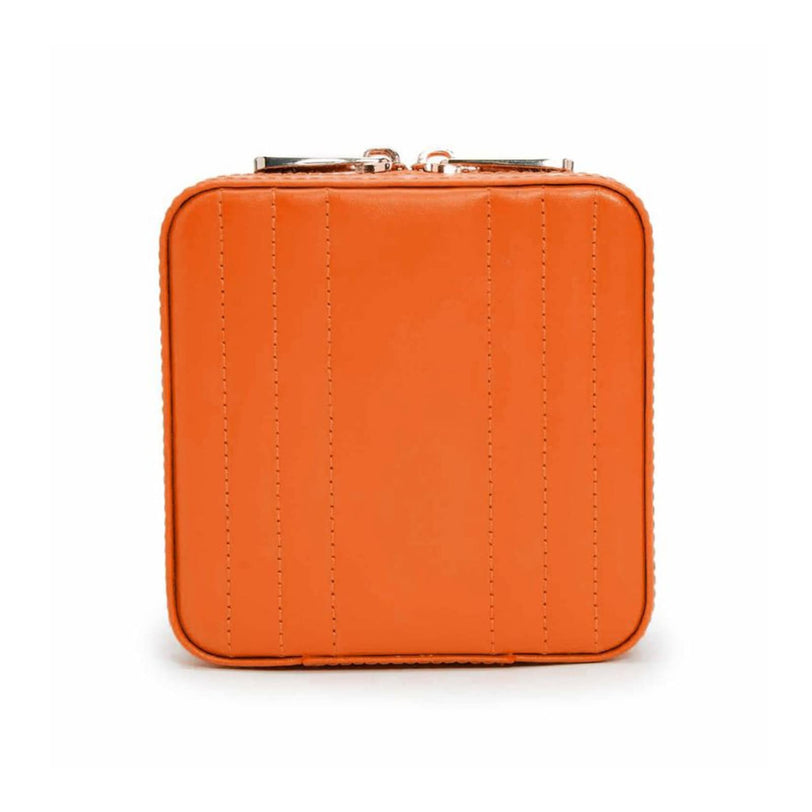The WOLF Maria Small Zip Case is a square orange leather wallet featuring vertical stitched lines and a top zipper closure.