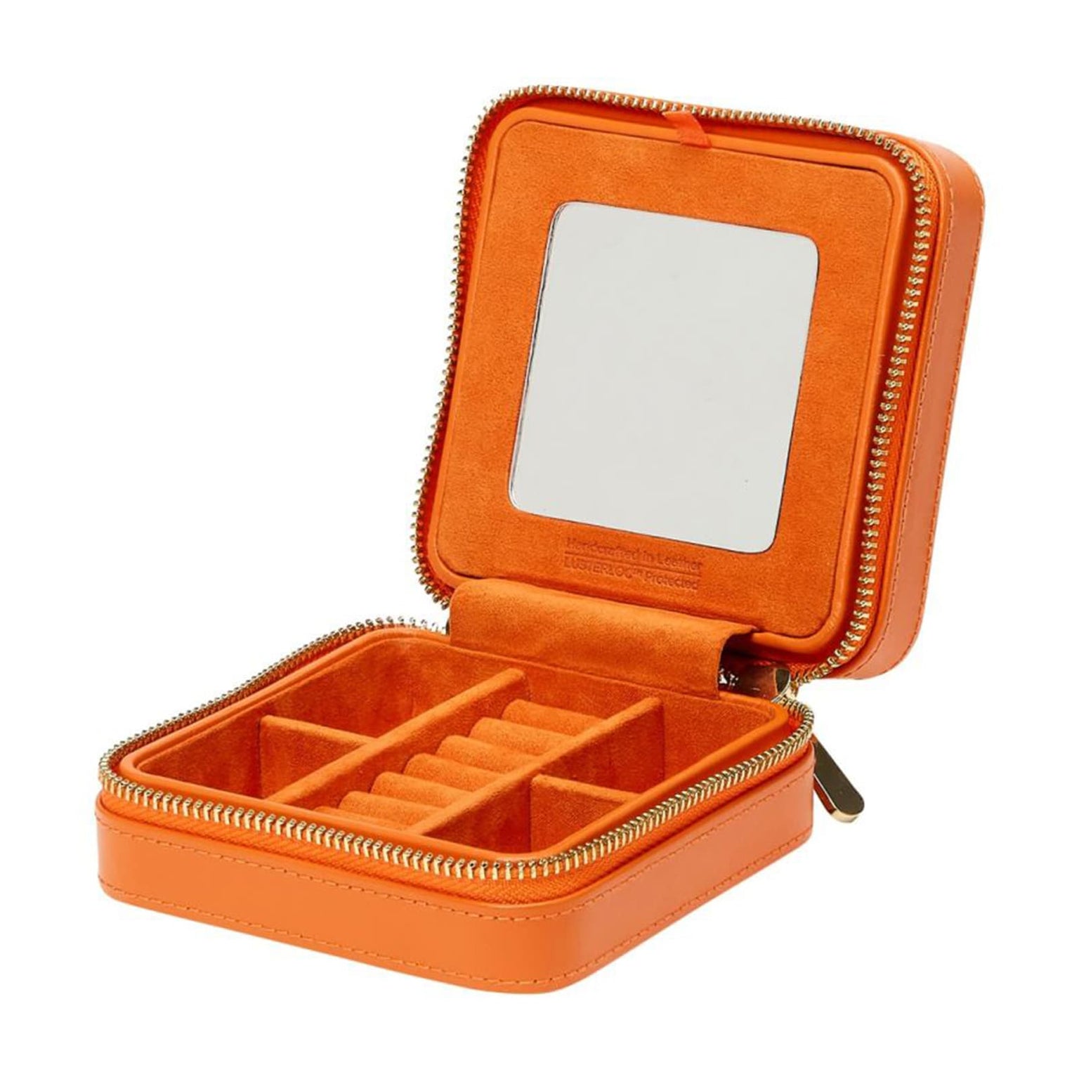 The WOLF Maria Small Zip Case is an orange travel jewelry box featuring compartments, an open zipper lid, and a built-in mirror.
