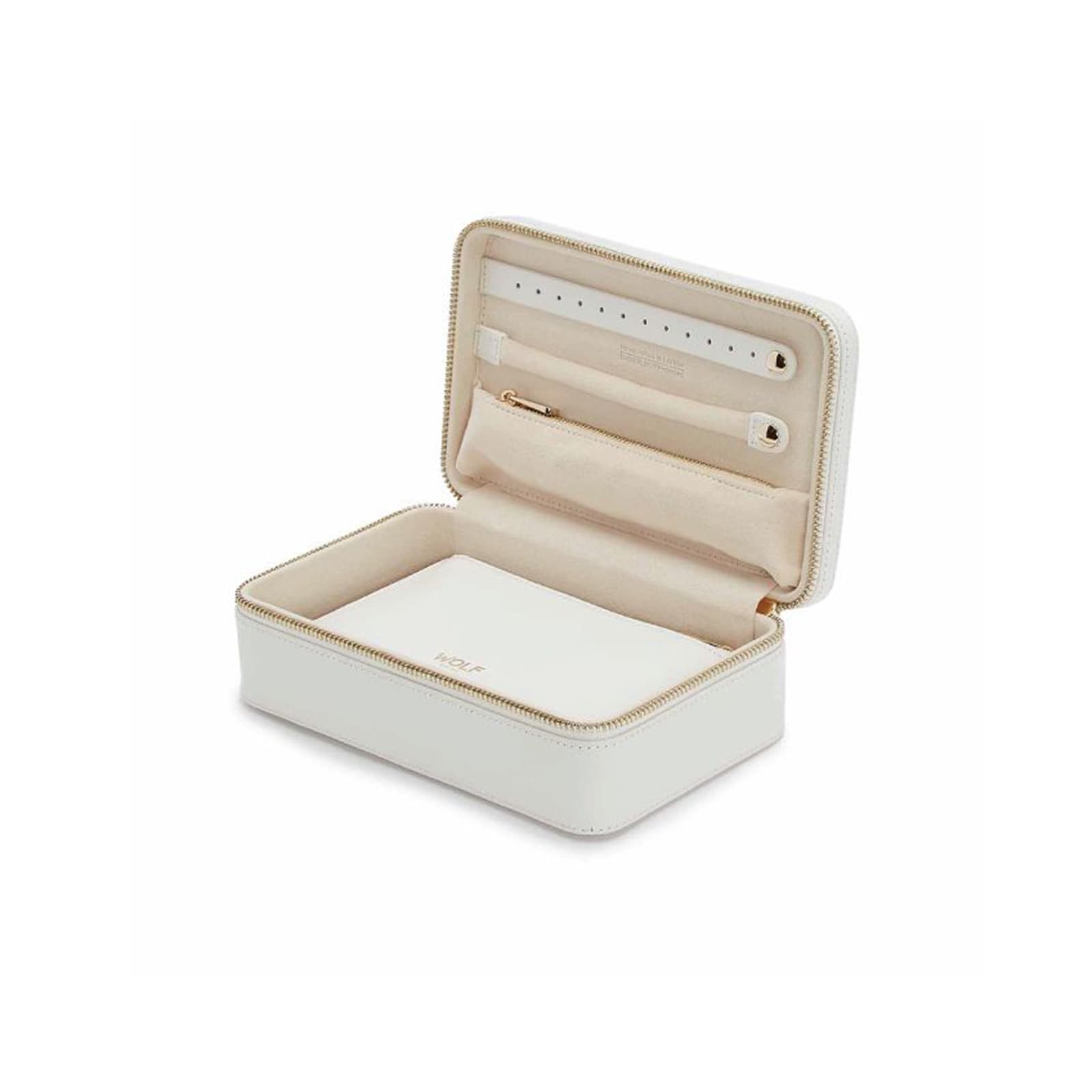 The WOLF Maria Medium Zip Case is an open white jewelry box with a zipper, featuring compartments inside for organized jewelry storage.