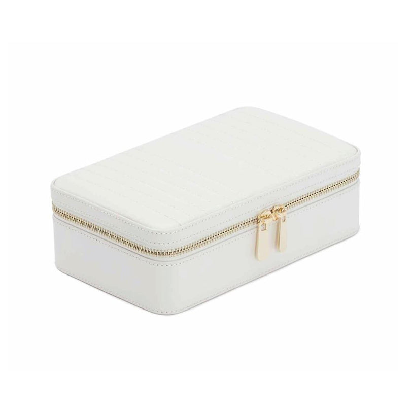 The WOLF Maria Medium Zip Case is a rectangular white case with gold zippers, displayed on a plain white background.