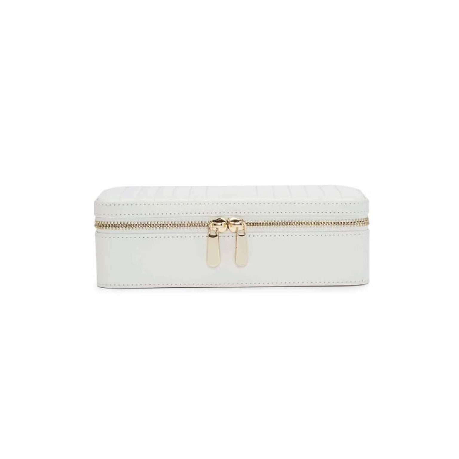 The WOLF Maria Medium Zip Case, a rectangular white jewelry box with gold zipper and double pull tabs, is displayed against a plain white background.