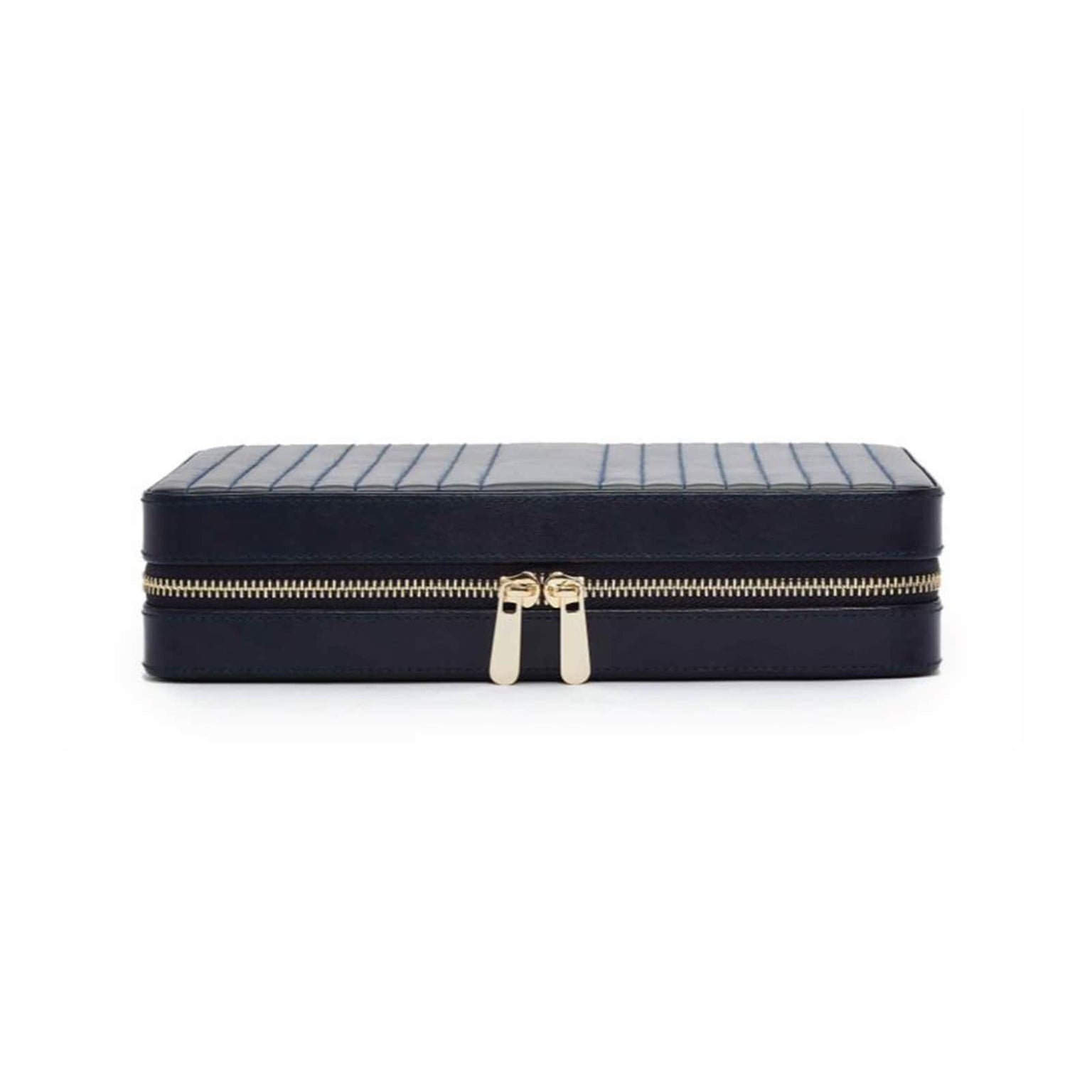 The WOLF Maria Large Zip Case is a rectangular black leather case with gold hardware, pictured closed on a white background.