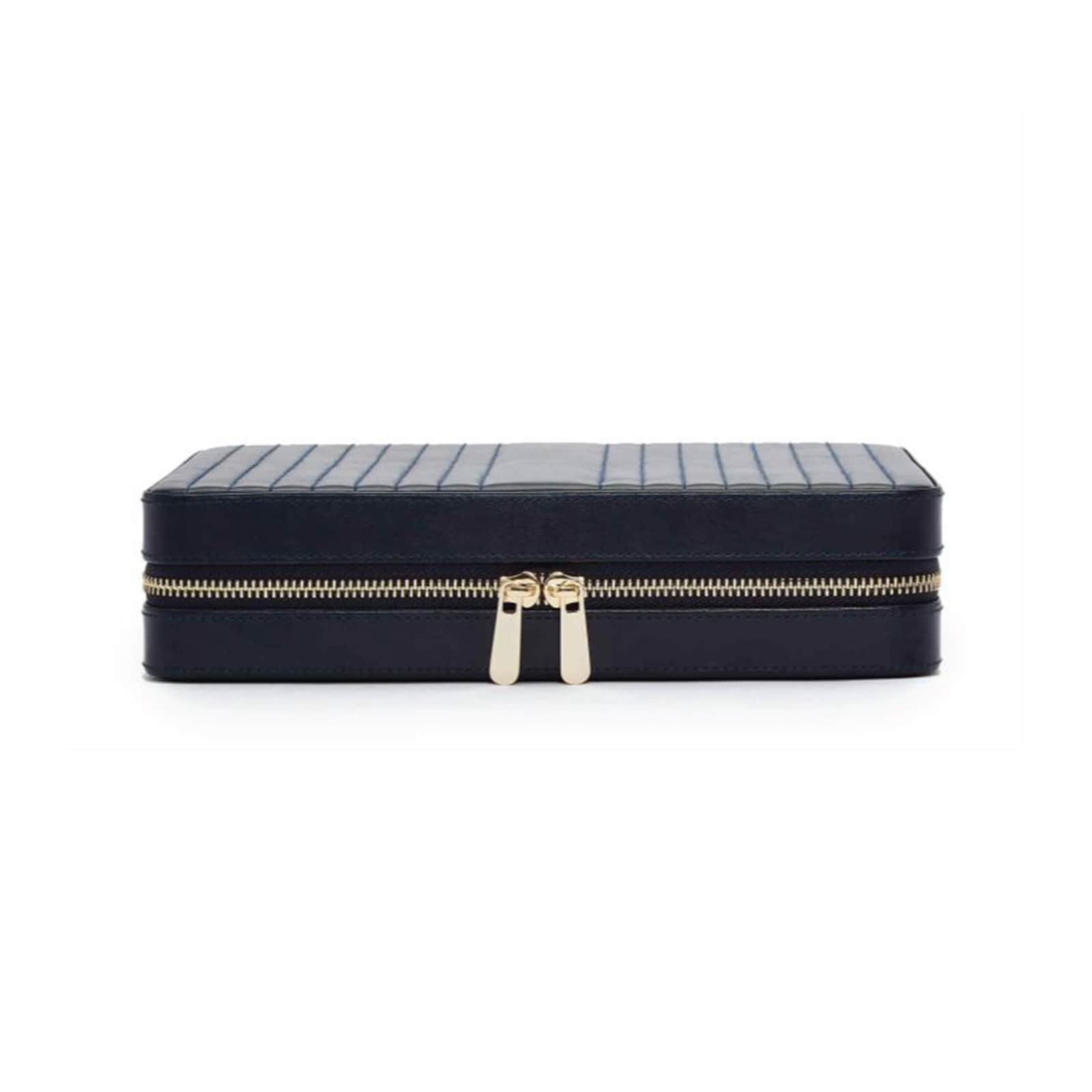 The WOLF Maria Large Zip Case is a rectangular black leather case with gold hardware, pictured closed on a white background.