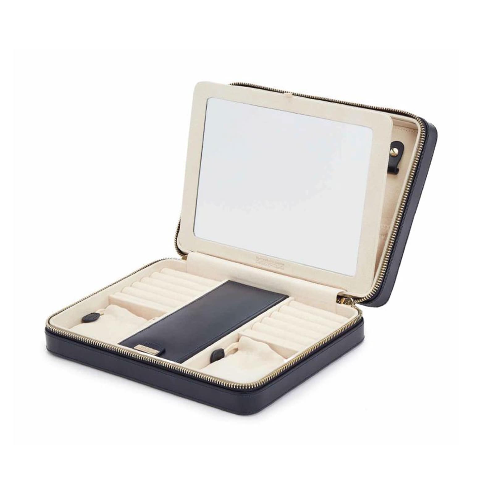 The WOLF Maria Large Zip Case is a black jewelry case featuring a built-in mirror and compartments for rings and accessories.