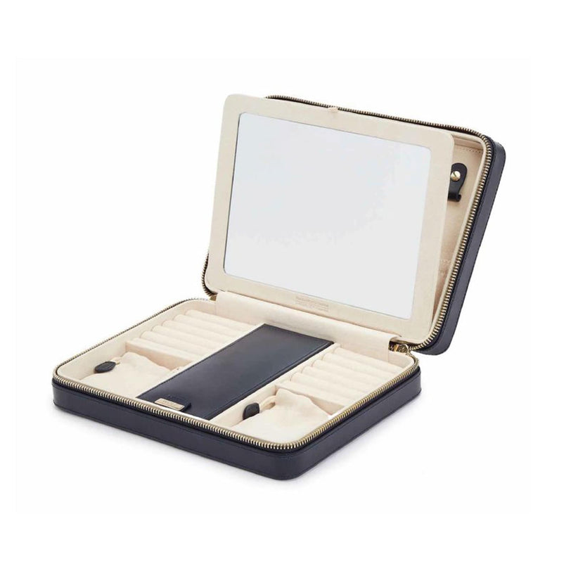 The WOLF Maria Large Zip Case is a black jewelry case featuring a built-in mirror and compartments for rings and accessories.