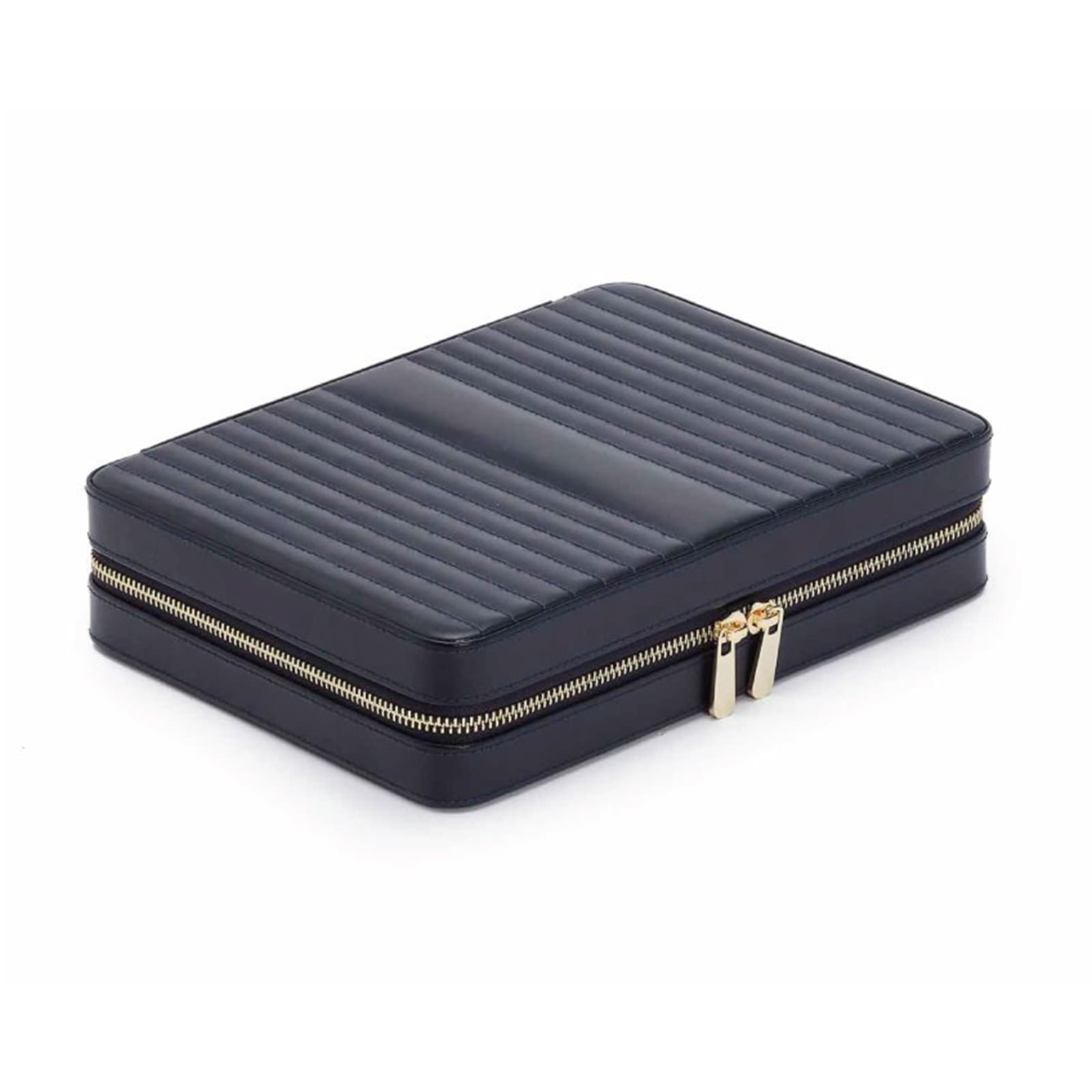 The WOLF Maria Large Zip Case is a closed, rectangular black case with a ridged top and zipper, shown on a white background.