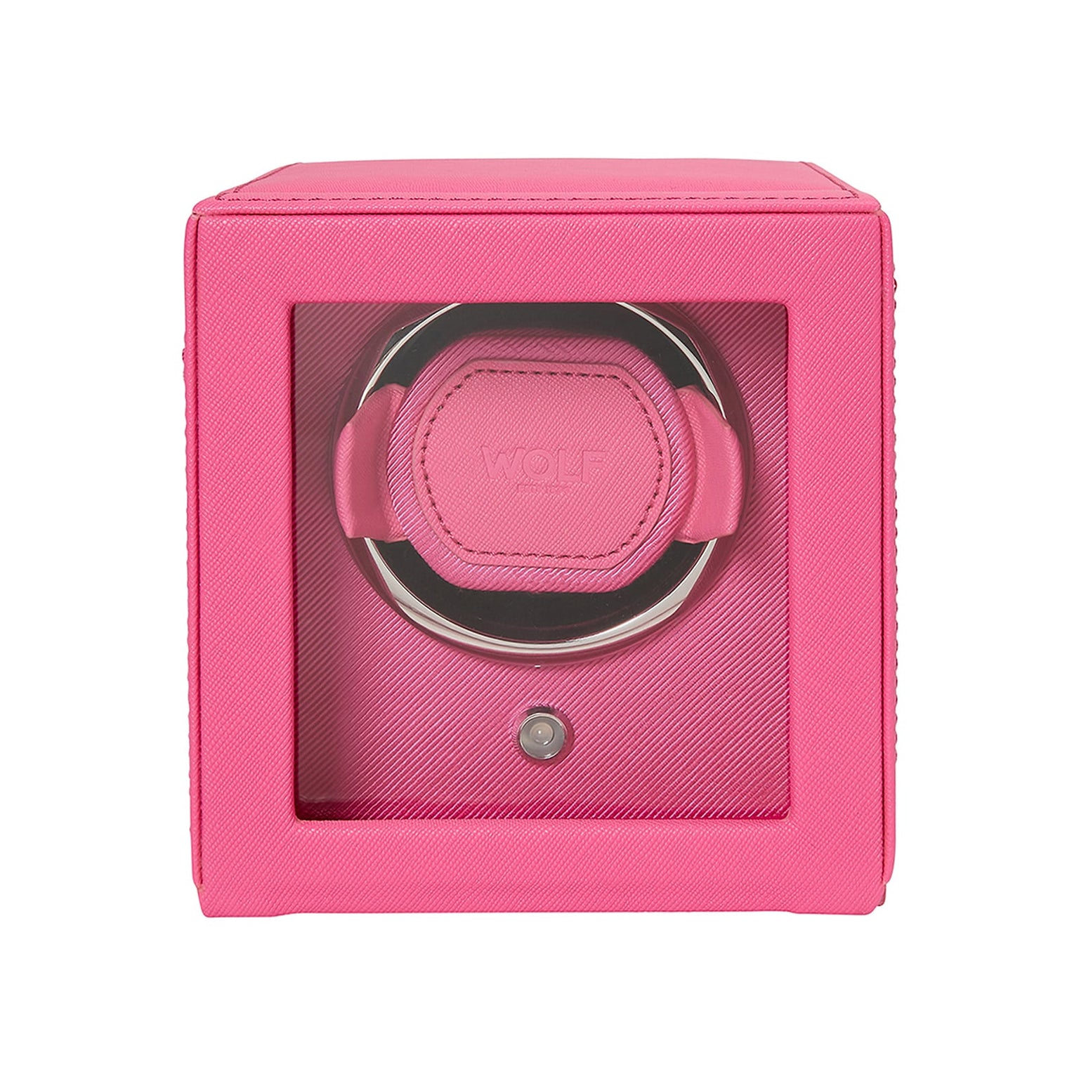 The WOLF Cub Single Watch Winder with Cover features a pink design with a transparent front, showcasing a circular watch holder inside.