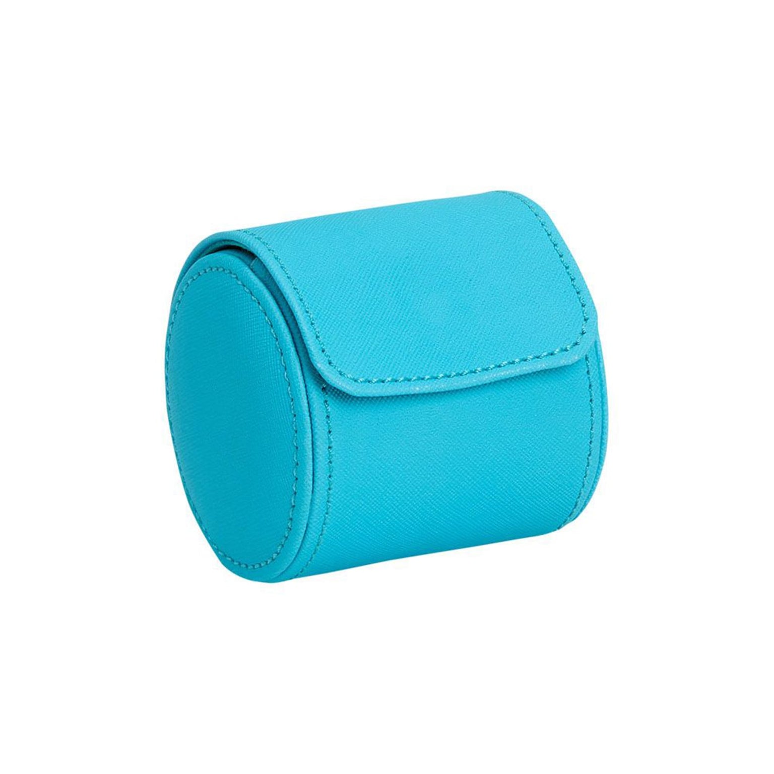 The WOLF Tutti Frutti Single Watch Roll is a small, round turquoise pouch with a flap closure, displayed on a white background.