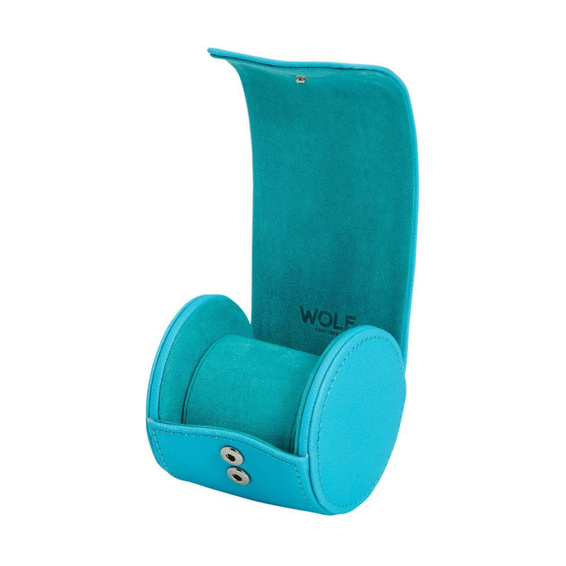 The WOLF Tutti Frutti Single Watch Roll features turquoise leather, a snap closure, and opens to reveal a soft, cushioned interior to protect your watch.