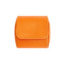 The WOLF Tutti Frutti Single Watch Roll, a compact orange leather case with a flap closure, is displayed against a plain white background.