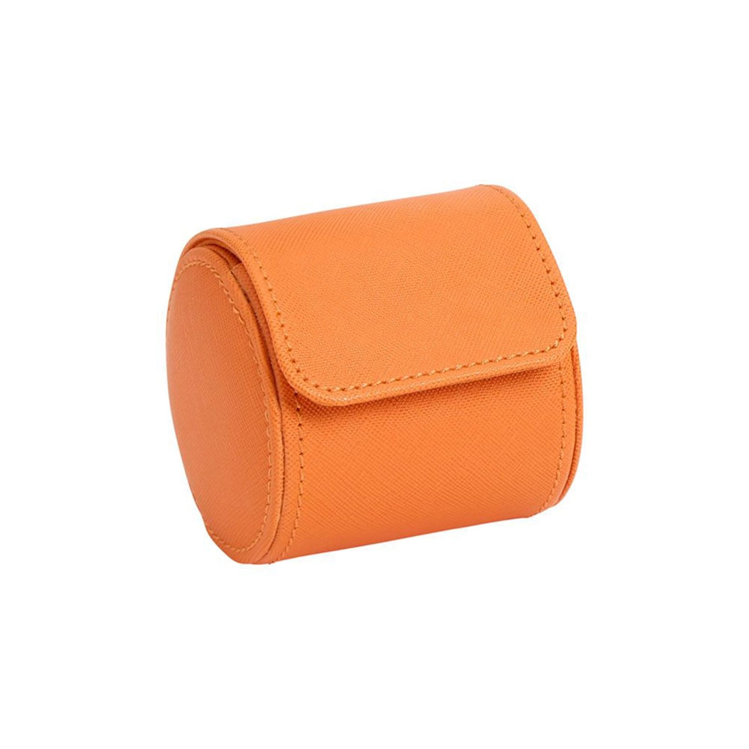 The WOLF Tutti Frutti Single Watch Roll in orange leather features a flap closure and is shown against a white background.