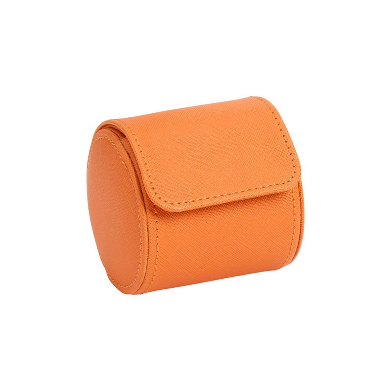 The WOLF Tutti Frutti Single Watch Roll in orange leather features a flap closure and is shown against a white background.