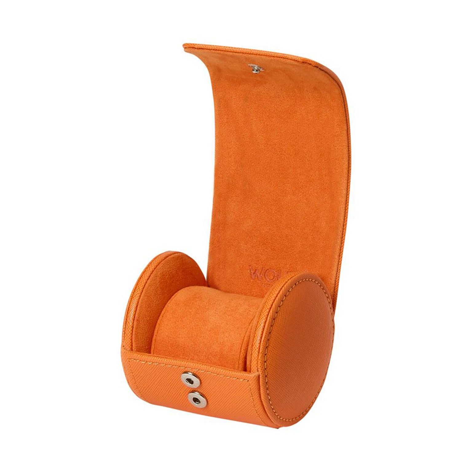 The WOLF Tutti Frutti Single Watch Roll is an orange leather case lined with suede, designed to hold one watch with an open lid.