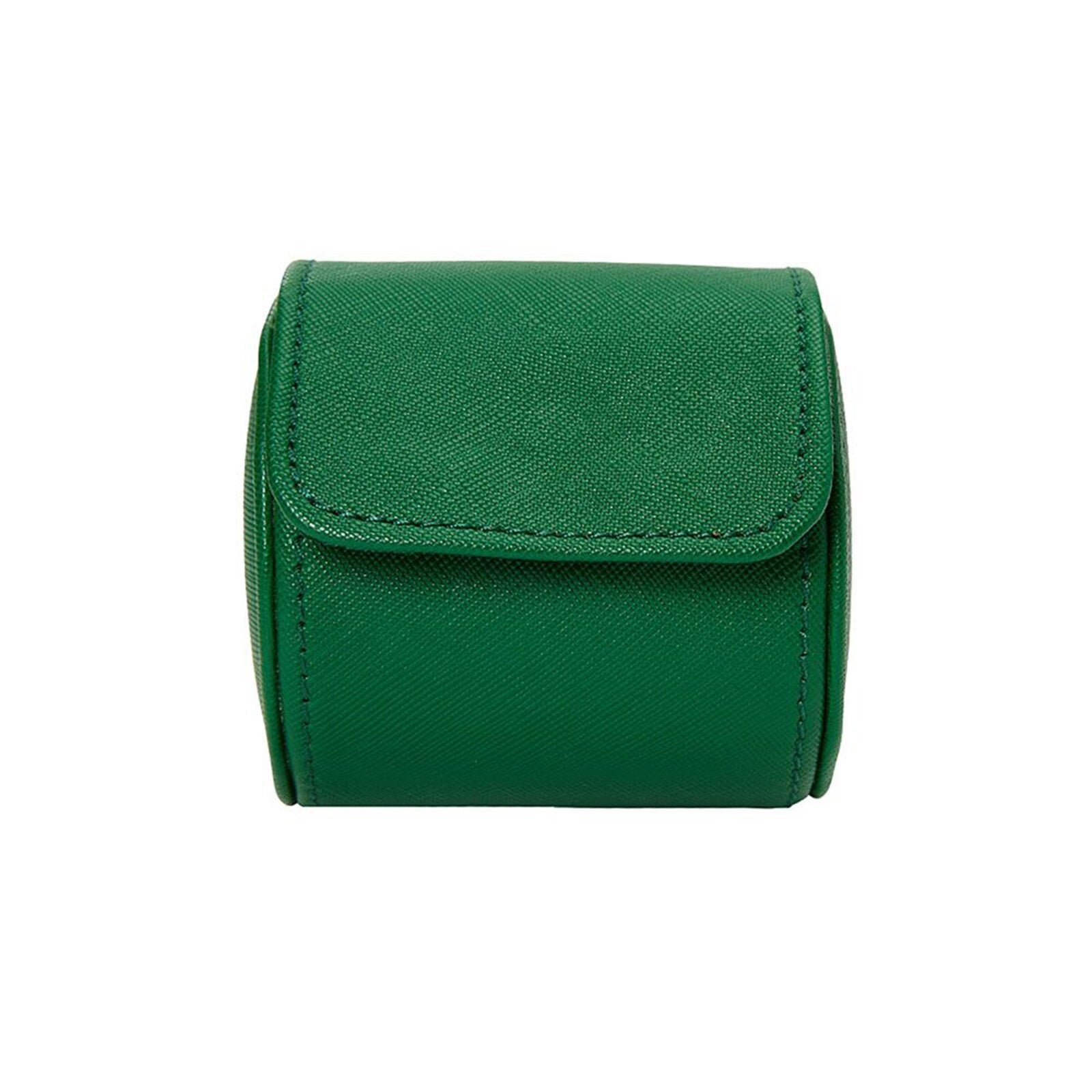 The WOLF Tutti Frutti Single Watch Roll is a small, green, textured leather pouch with a flap closure, displayed against a white background.