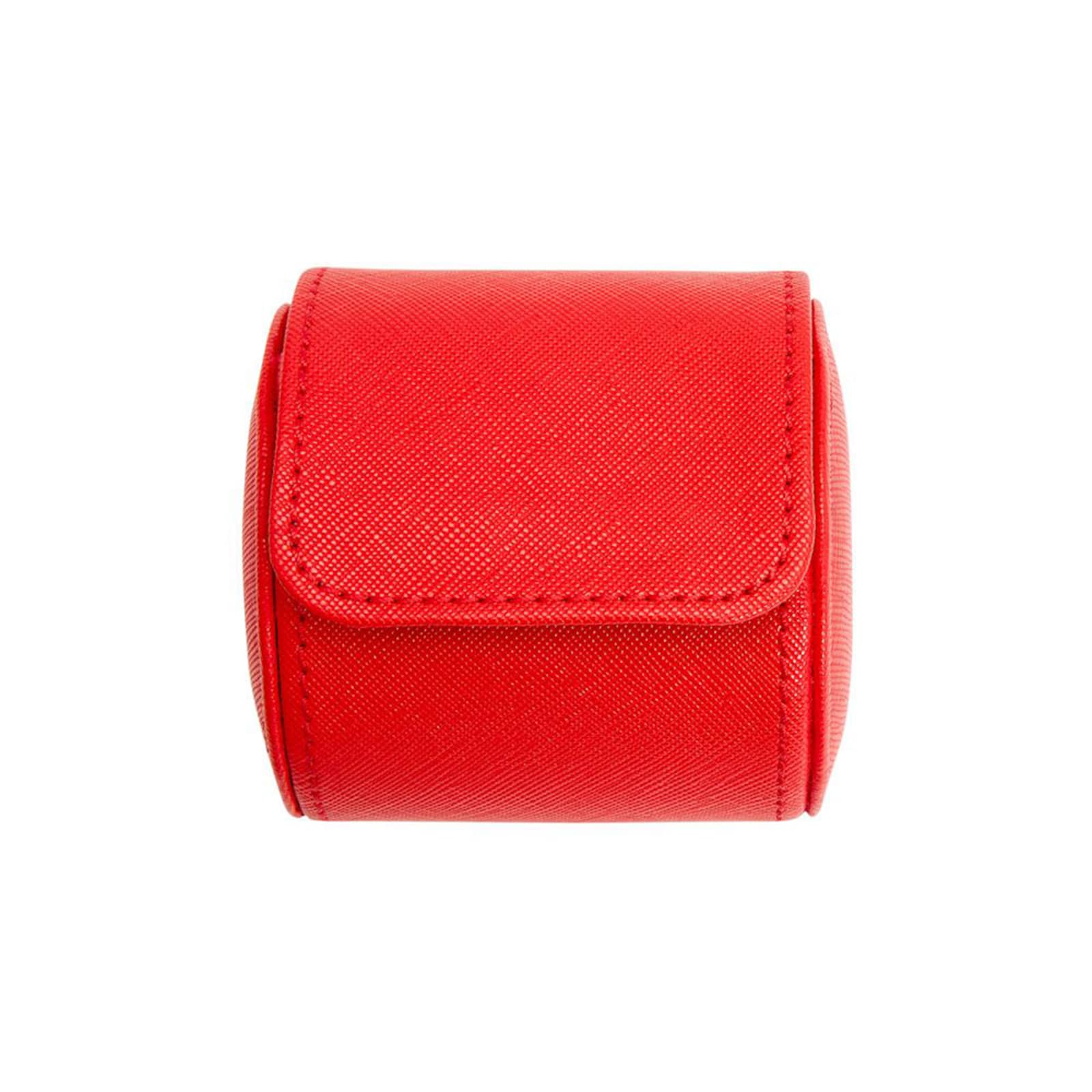 The WOLF Tutti Frutti Single Watch Roll is a small, red, textured leather case with a flap closure, displayed against a white background.