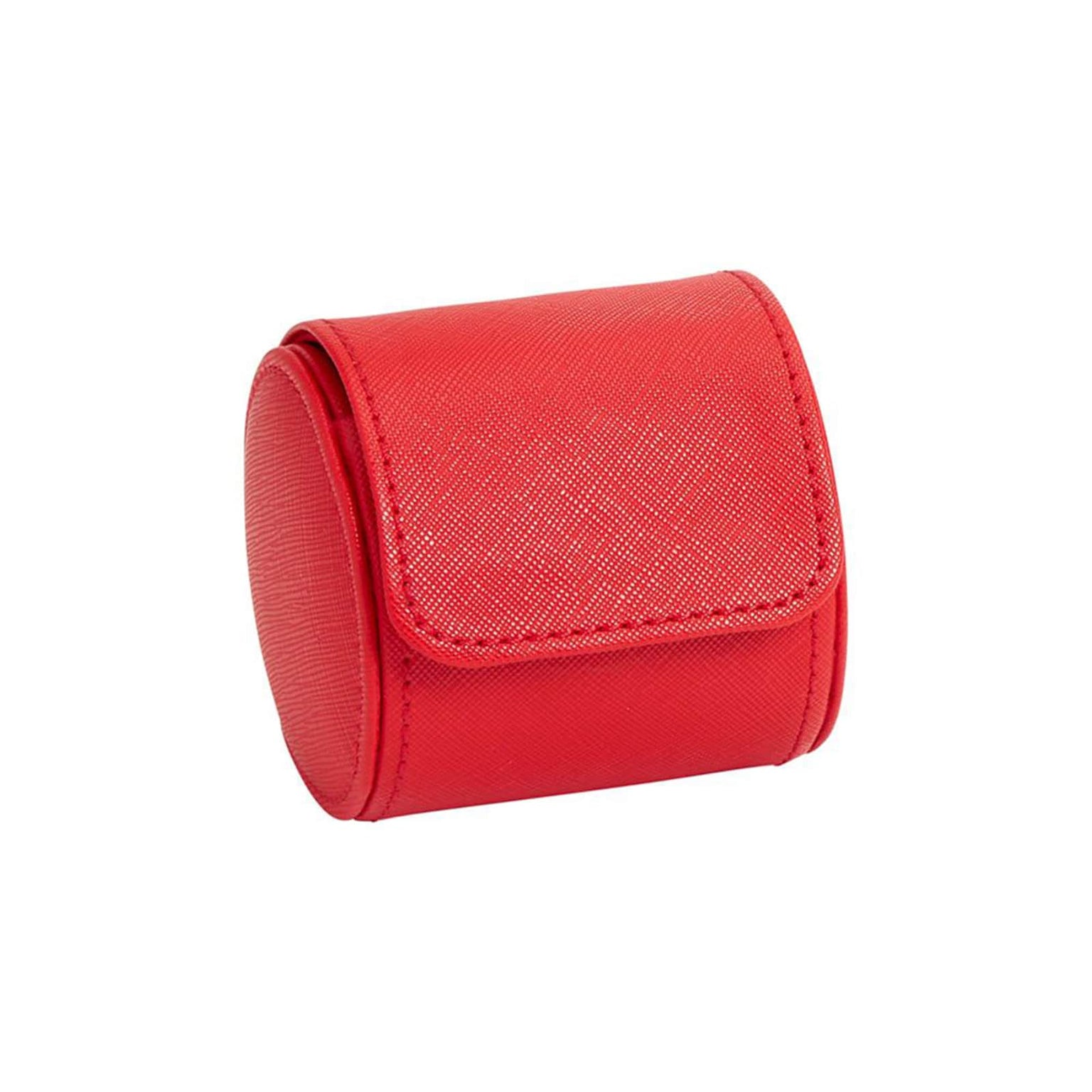 The WOLF Tutti Frutti Single Watch Roll is a small red cylindrical leather case with a flap closure, displayed against a white background.