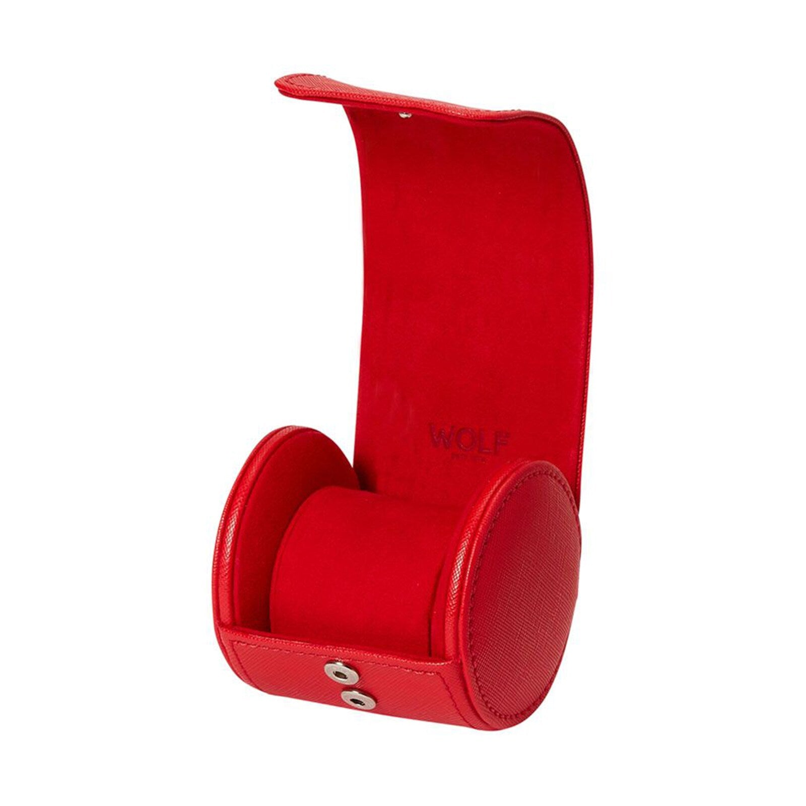 The WOLF Tutti Frutti Single Watch Roll is open, displaying its cylindrical shape and interior compartment.