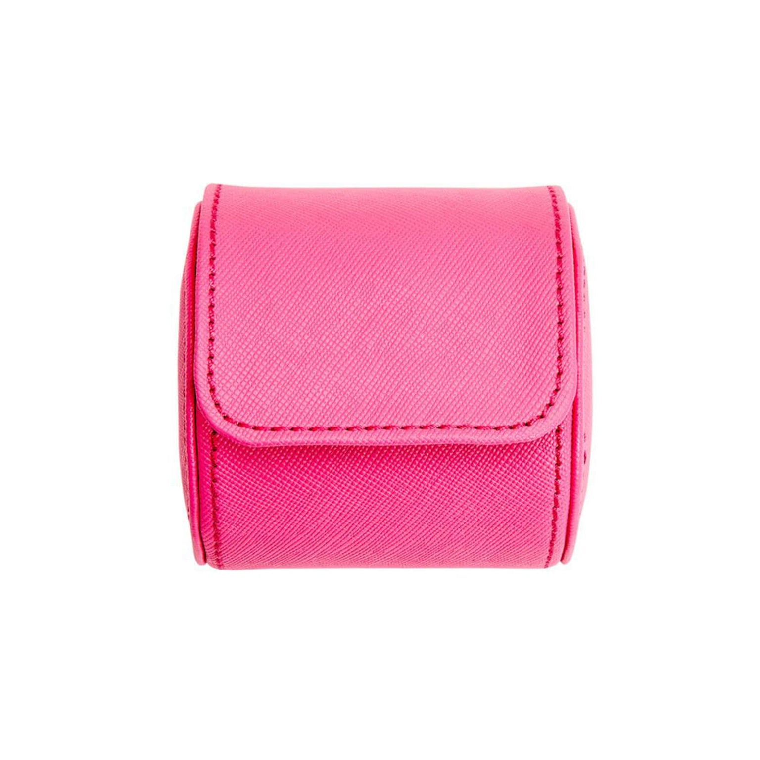 The WOLF Tutti Frutti Single Watch Roll is a bright pink, textured rectangular case with a folding flap cover, displayed against a plain white background.