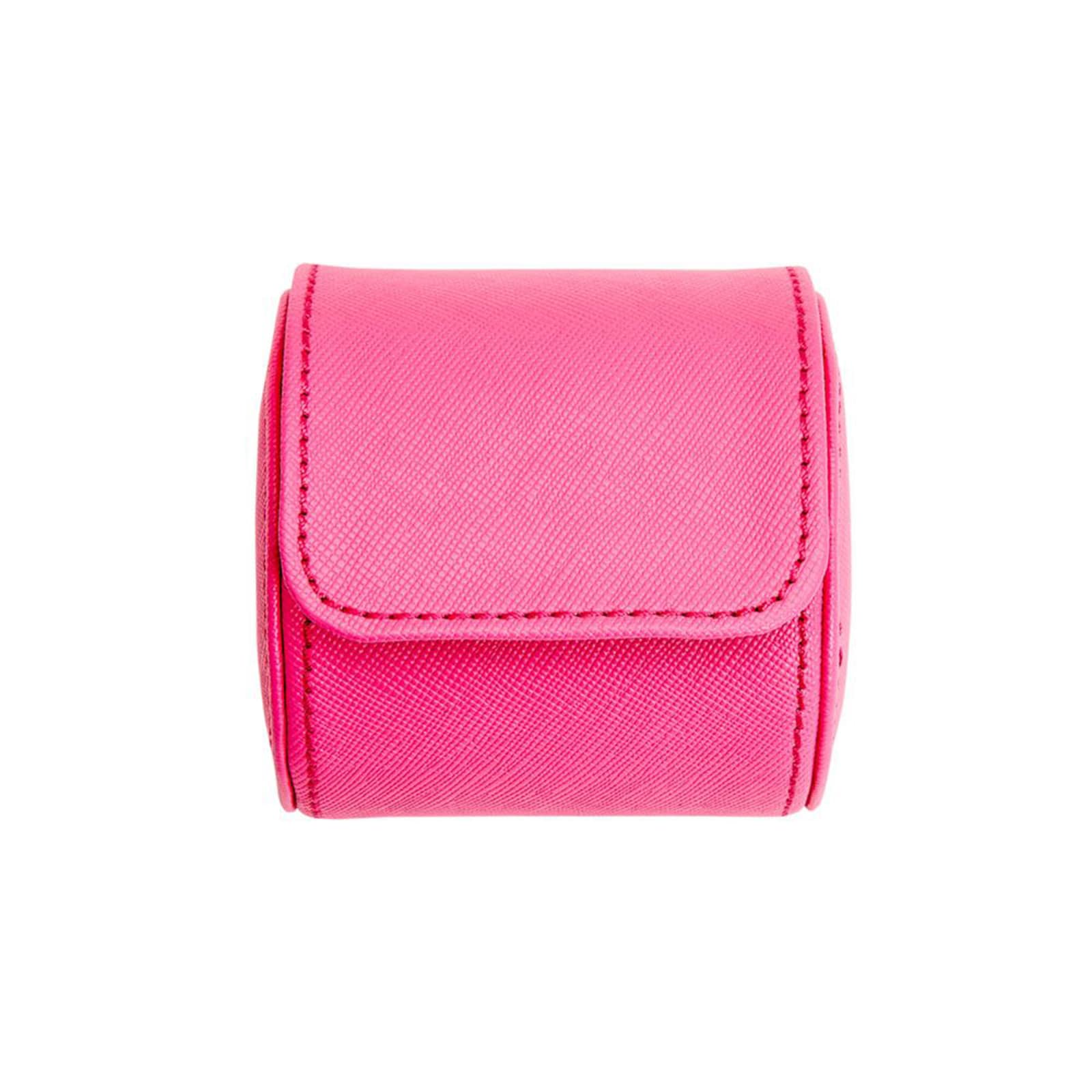The WOLF Tutti Frutti Single Watch Roll is a bright pink, textured rectangular case with a folding flap cover, displayed against a plain white background.