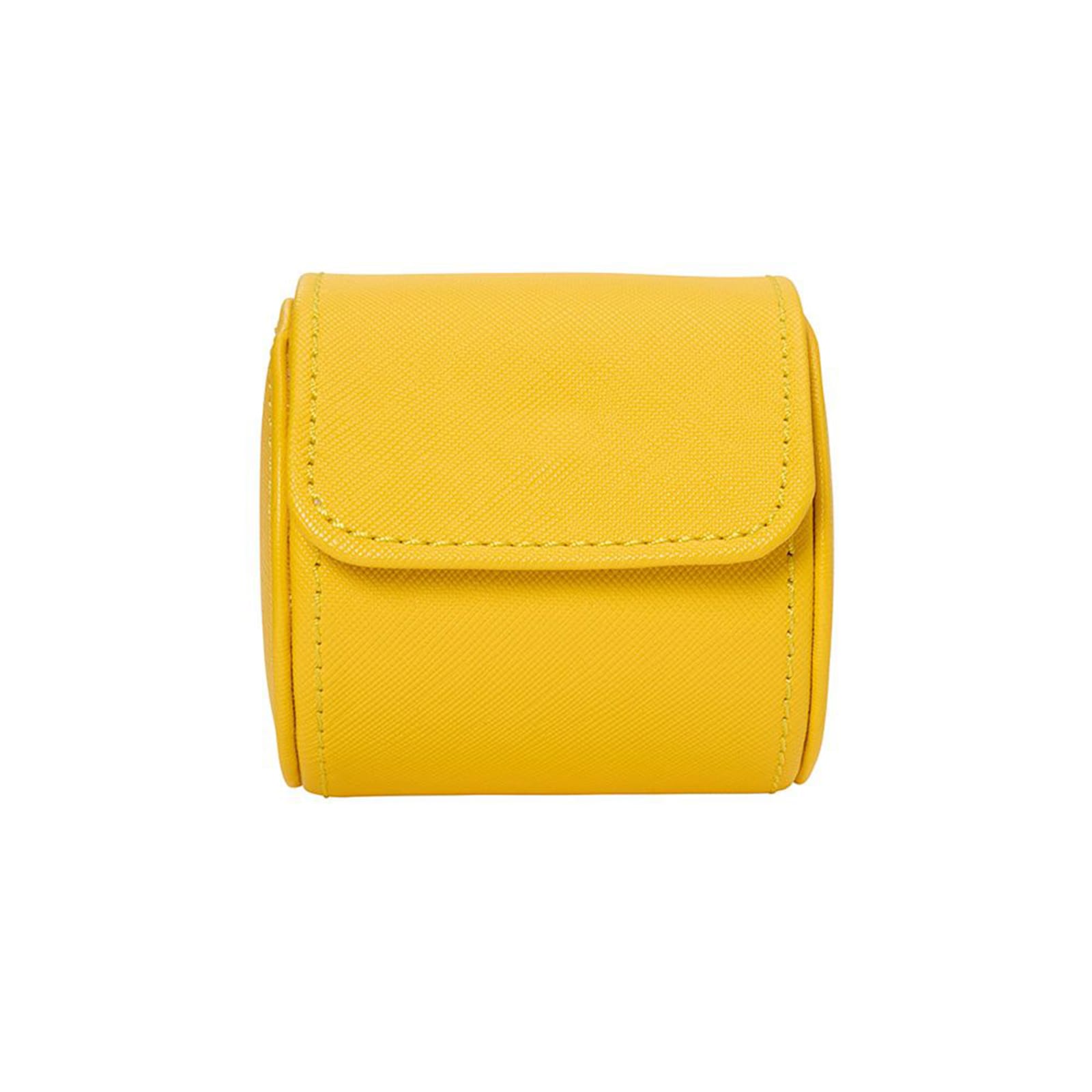 The WOLF Tutti Frutti Single Watch Roll is a small, yellow, rectangular leather pouch with a flap closure, shown against a white background.
