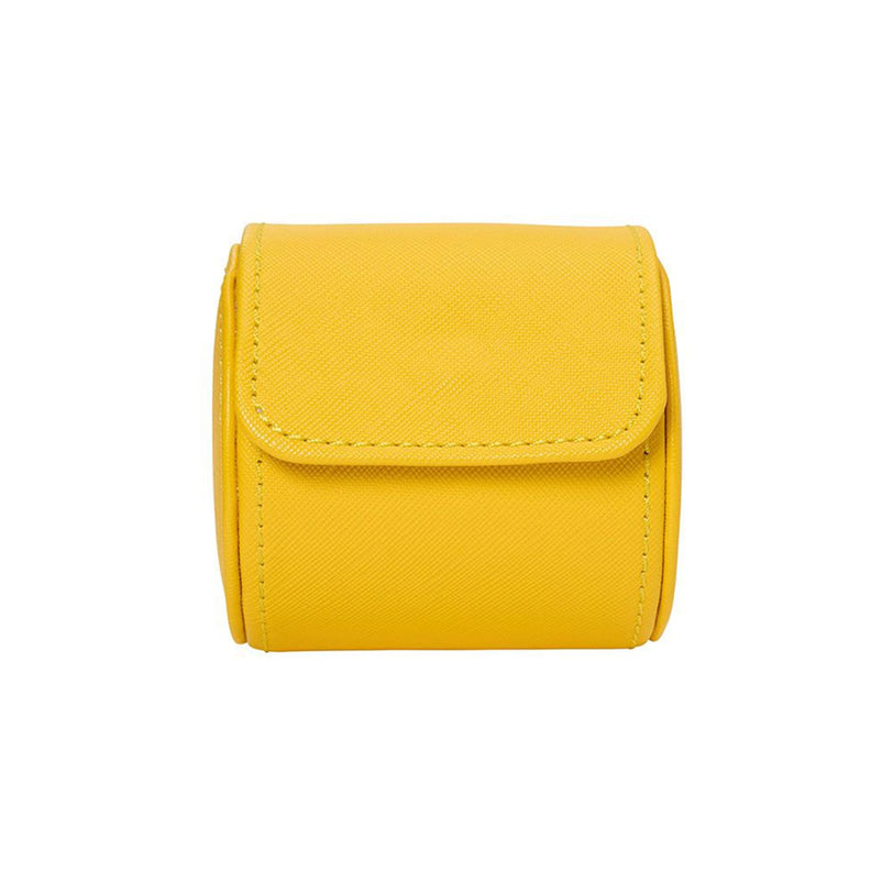 The WOLF Tutti Frutti Single Watch Roll is a small, yellow, rectangular leather pouch with a flap closure, shown against a white background.