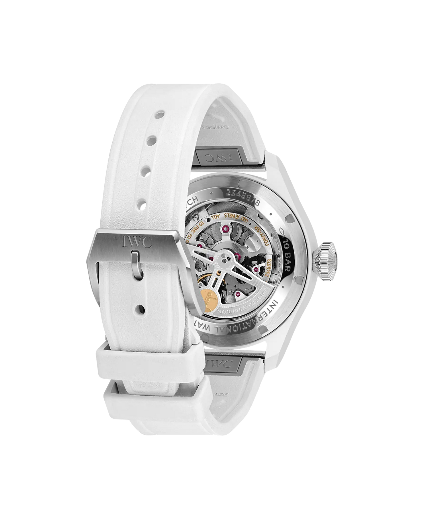 Steel watch with white rubber strap and skeleton dial showing perpetual calendar mechanism with exposed movement.