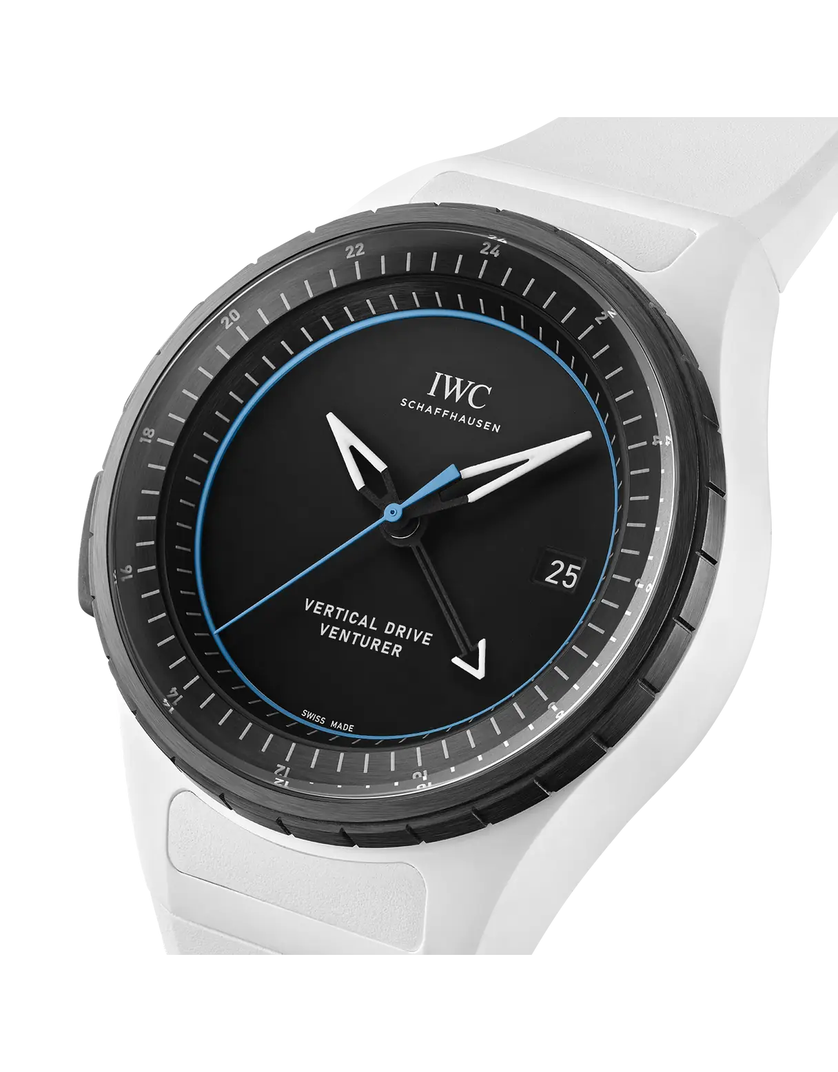 White IWC watch with black dial on a white background