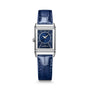 Rectangular silver watch with diamond bezel, blue dial, white hands, and blue alligator leather strap.