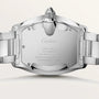 Cartier Roadster stainless steel watch back showing Swiss made automatic movement and water resistant 100m specification.