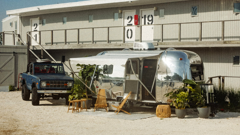 Ford truck and silver airstream in Montauk for Time Travel series