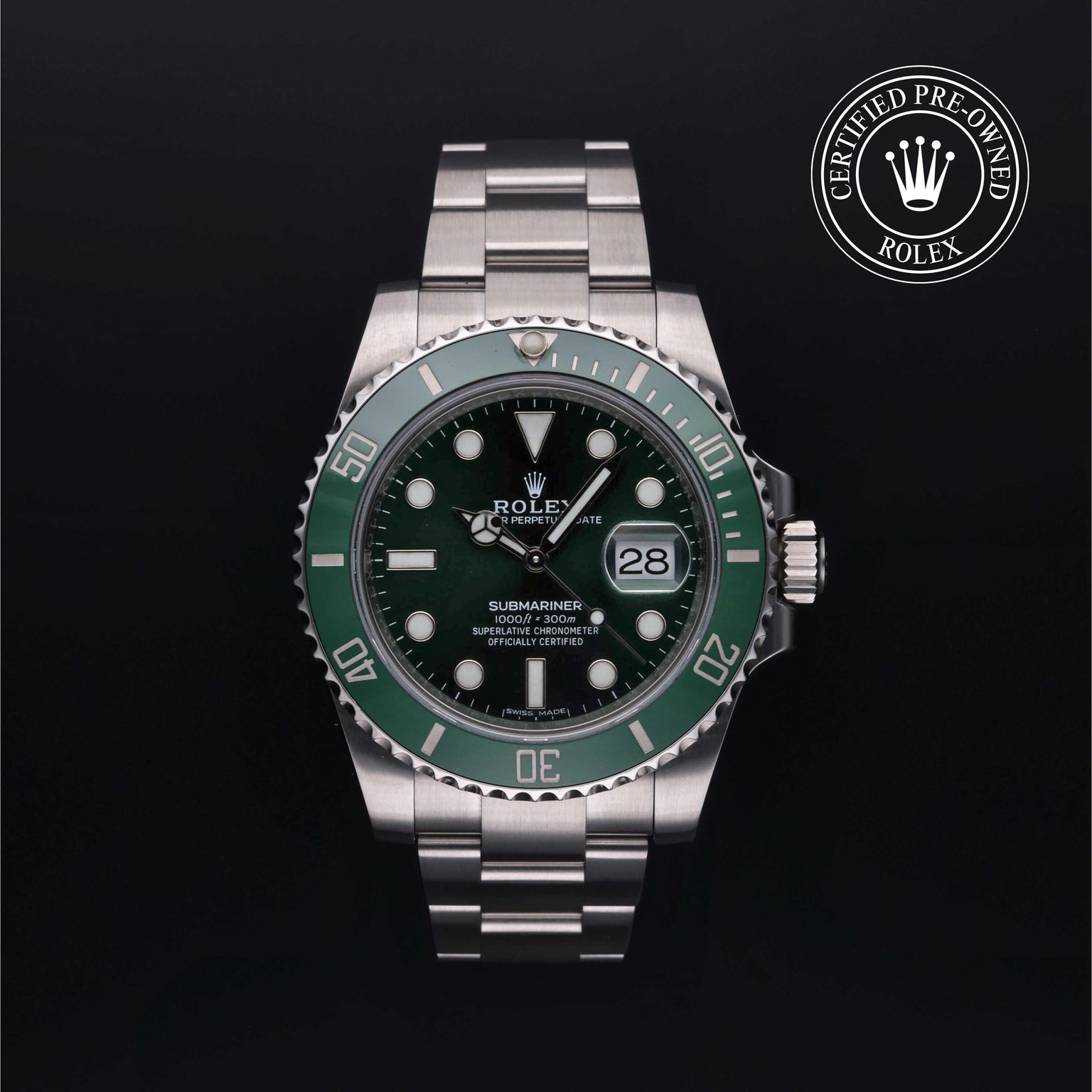 Rolex Certified Pre-owned Submariner M116610LV-0002 front on black background