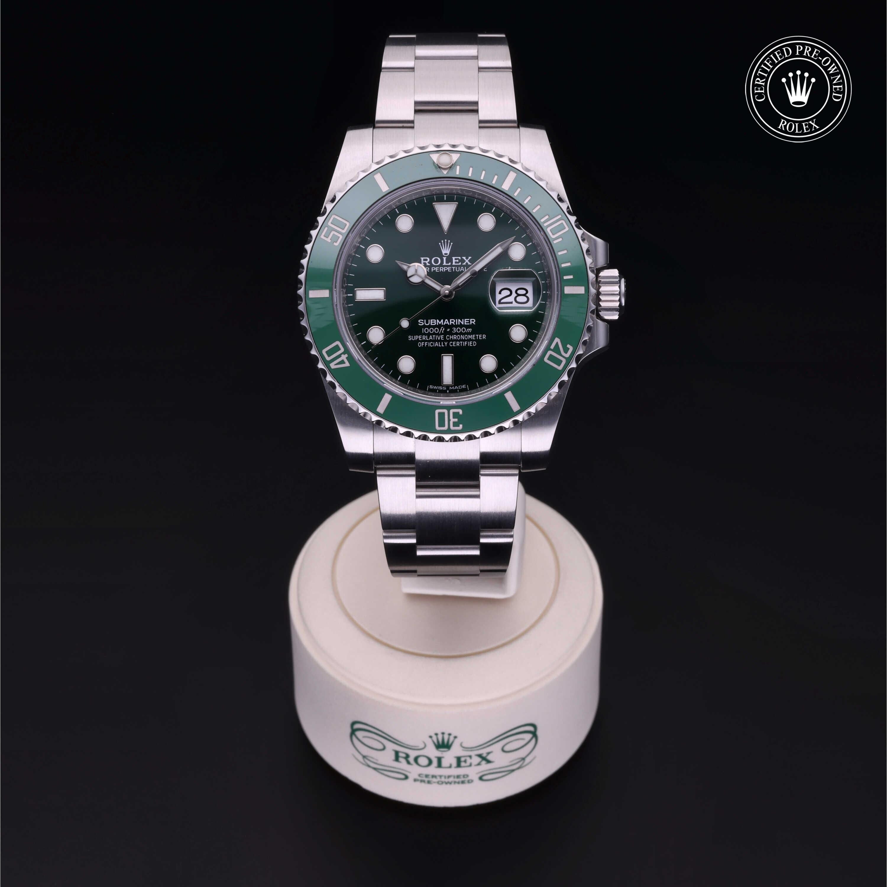 Rolex Certified Pre-owned Submariner M116610LV-0002 front on black background