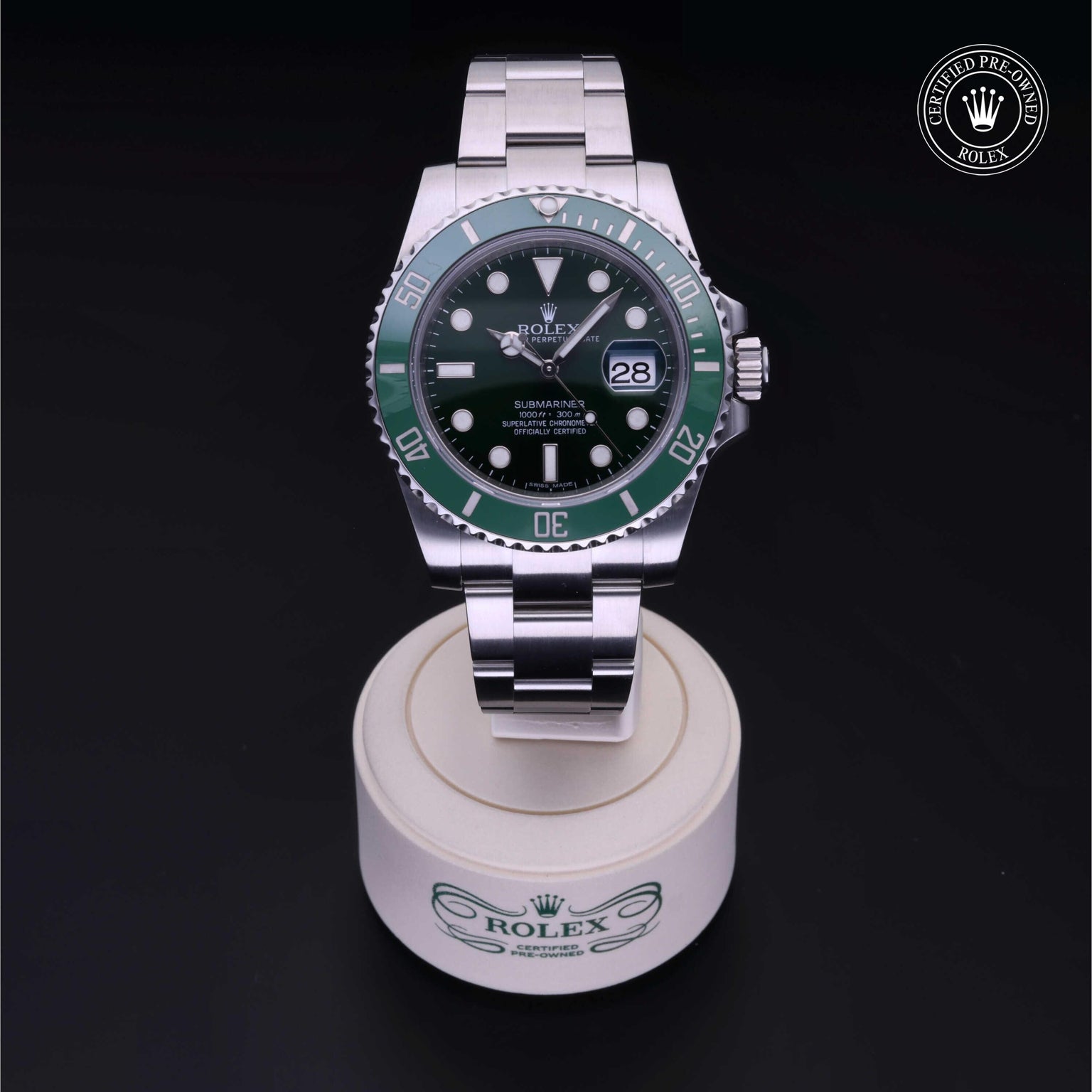 Rolex Certified Pre-owned Submariner M116610LV-0002 front on black background