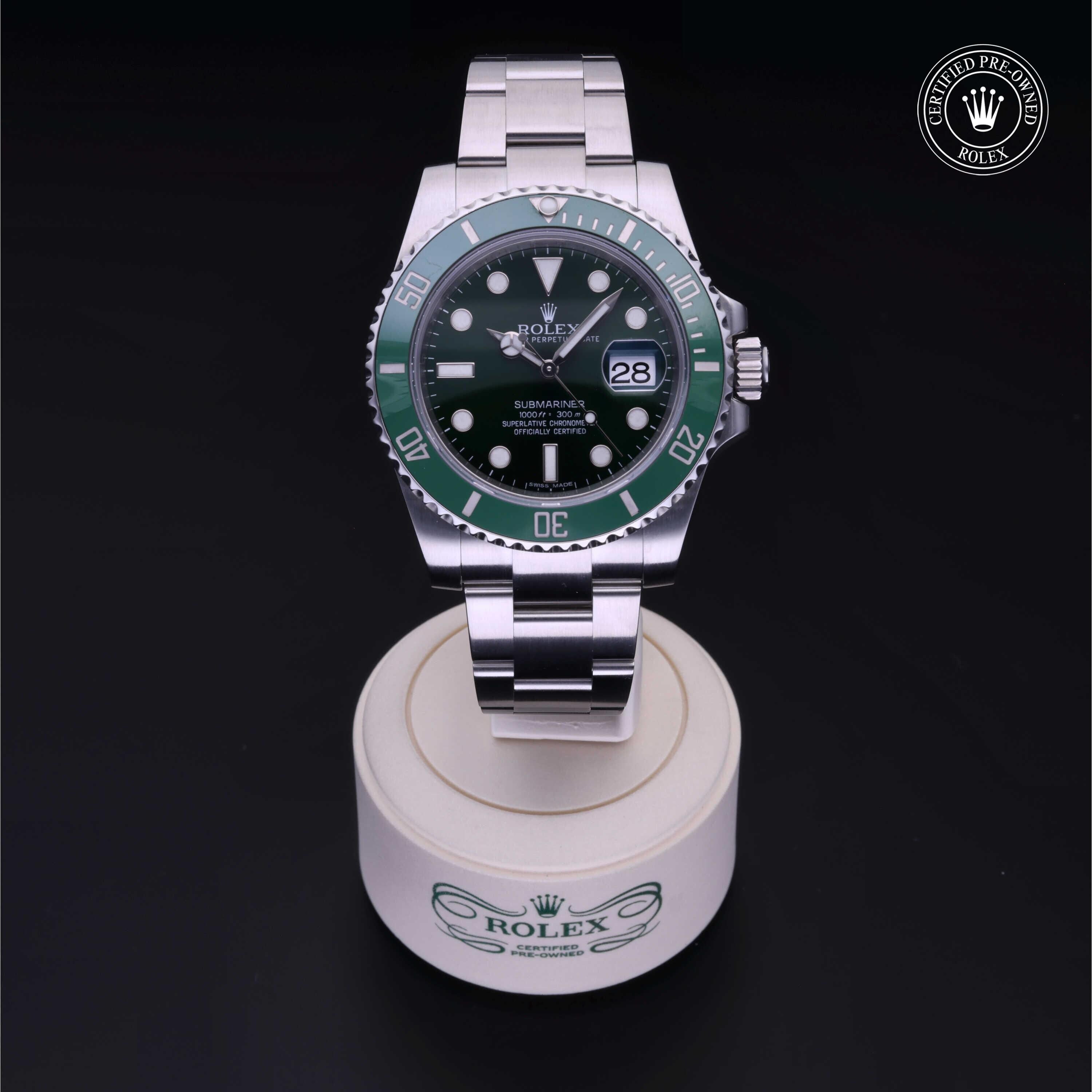Rolex Certified Pre-owned Submariner M116610LV-0002 front on black background