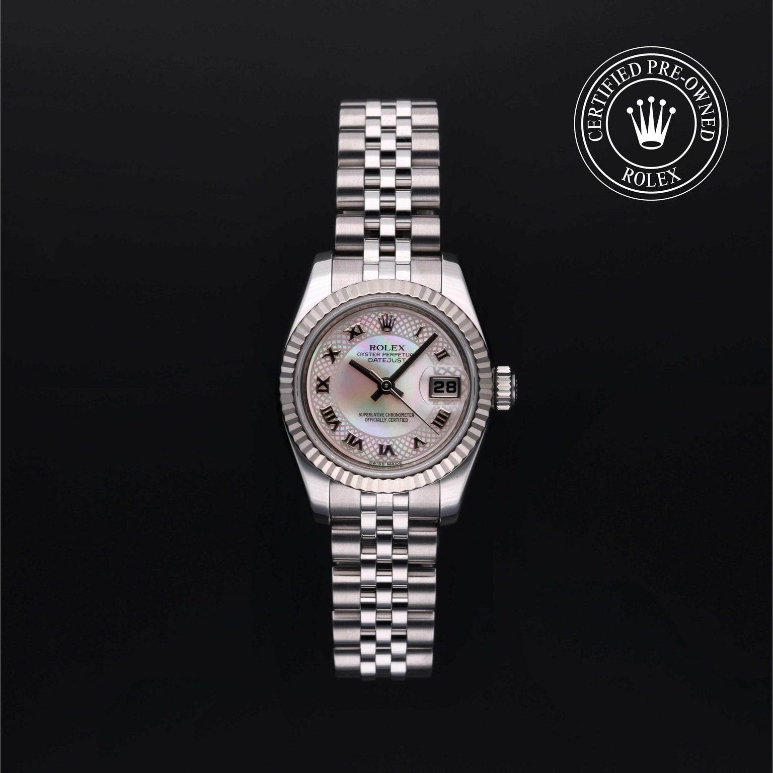 Rolex Certified Pre-owned Lady Datejust M179174-0025 front on black background